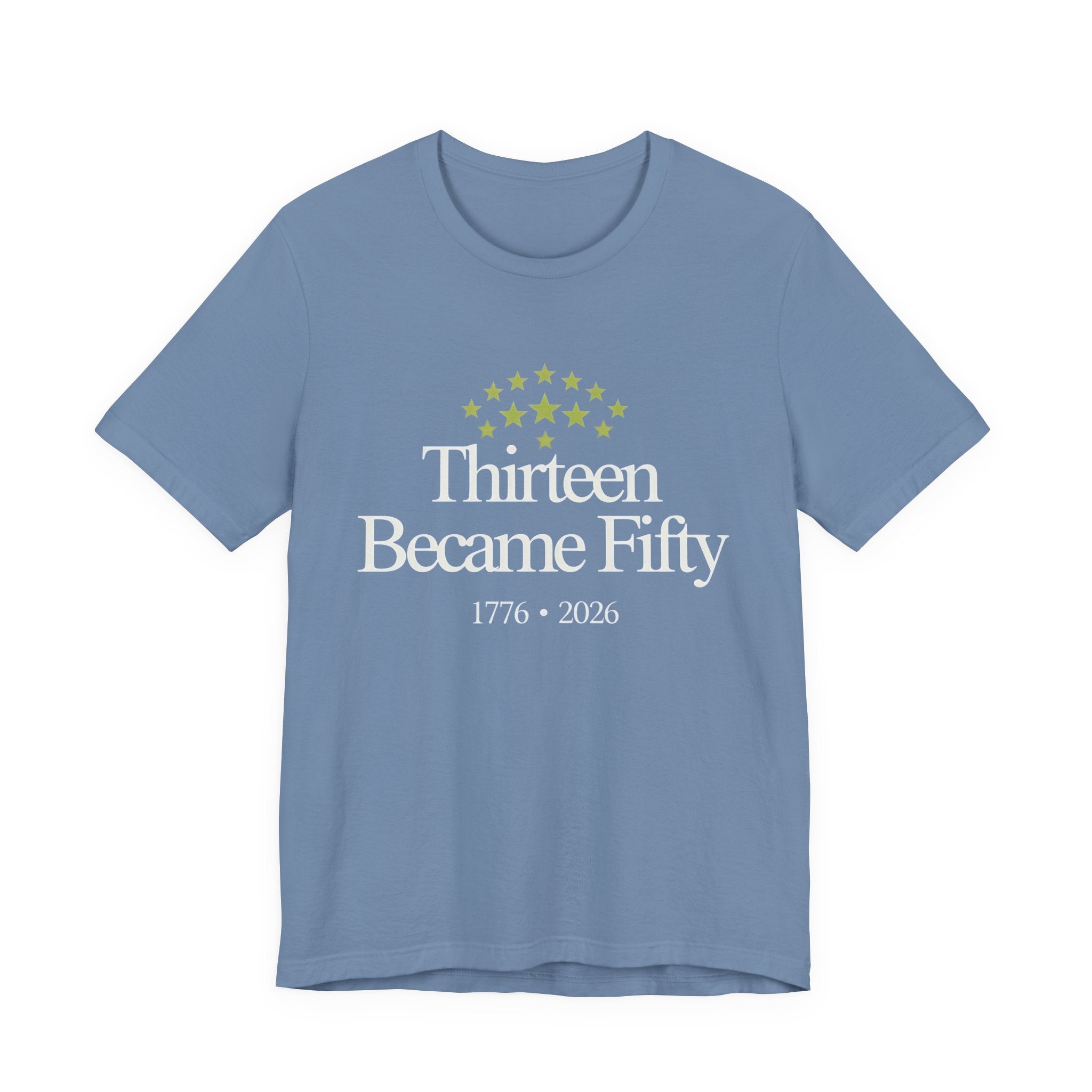 Blue t-shirt with 'Thirteen Became Fifty' text and star design