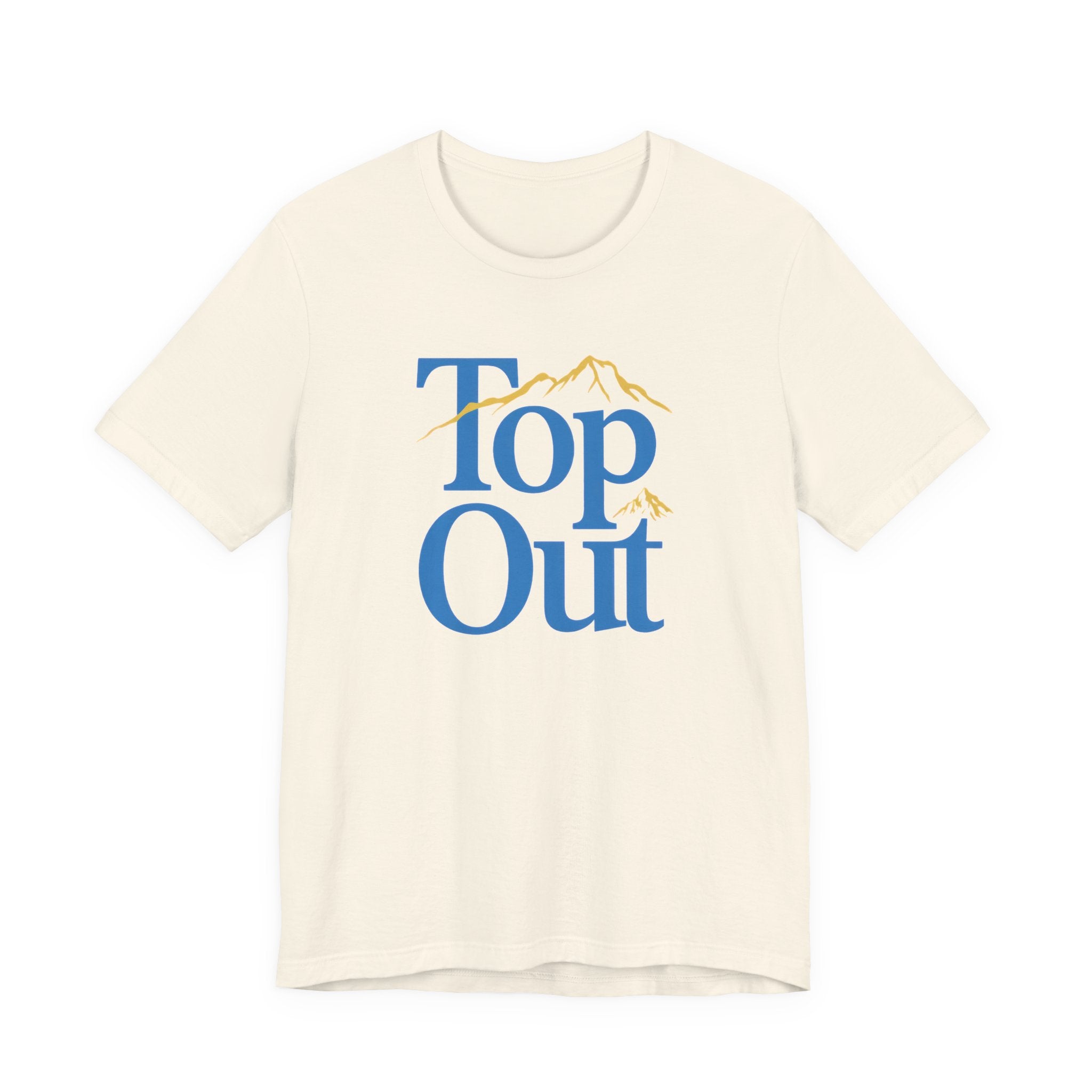 Beige t-shirt with 'Top Out' graphic design on a white background