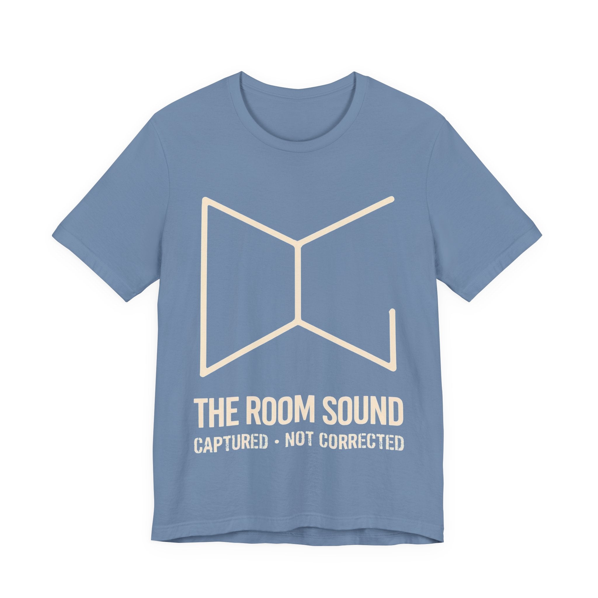 Blue t-shirt with 'The Room Sound Captured Not Corrected' text and logo on a white background