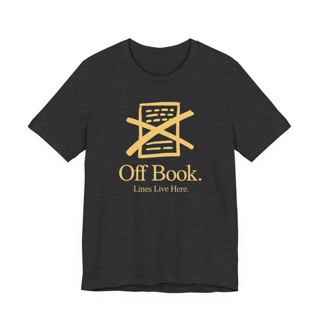 Black t-shirt with gold 'Off Book' logo and text on a white background
