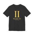 Dark grey t-shirt with gold 'Second Act' logo on a white background