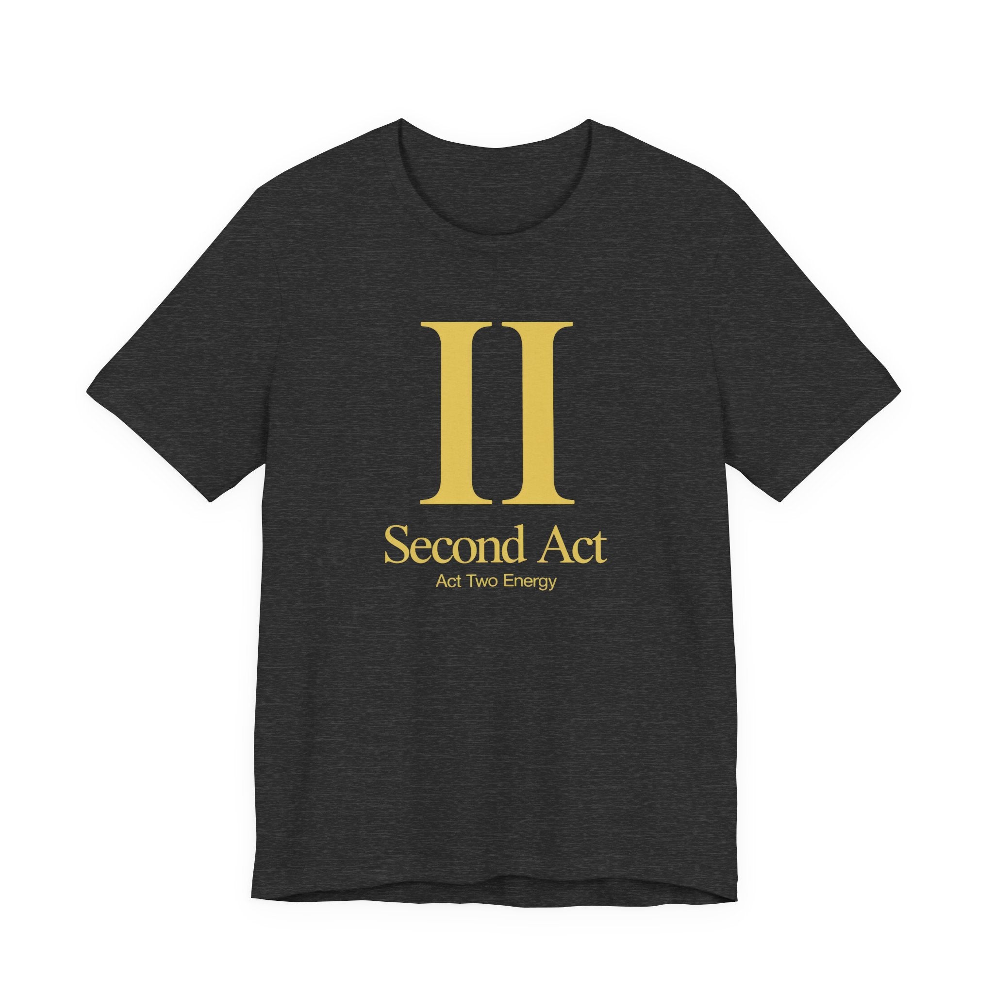 Dark grey t-shirt with gold 'Second Act' logo on a white background