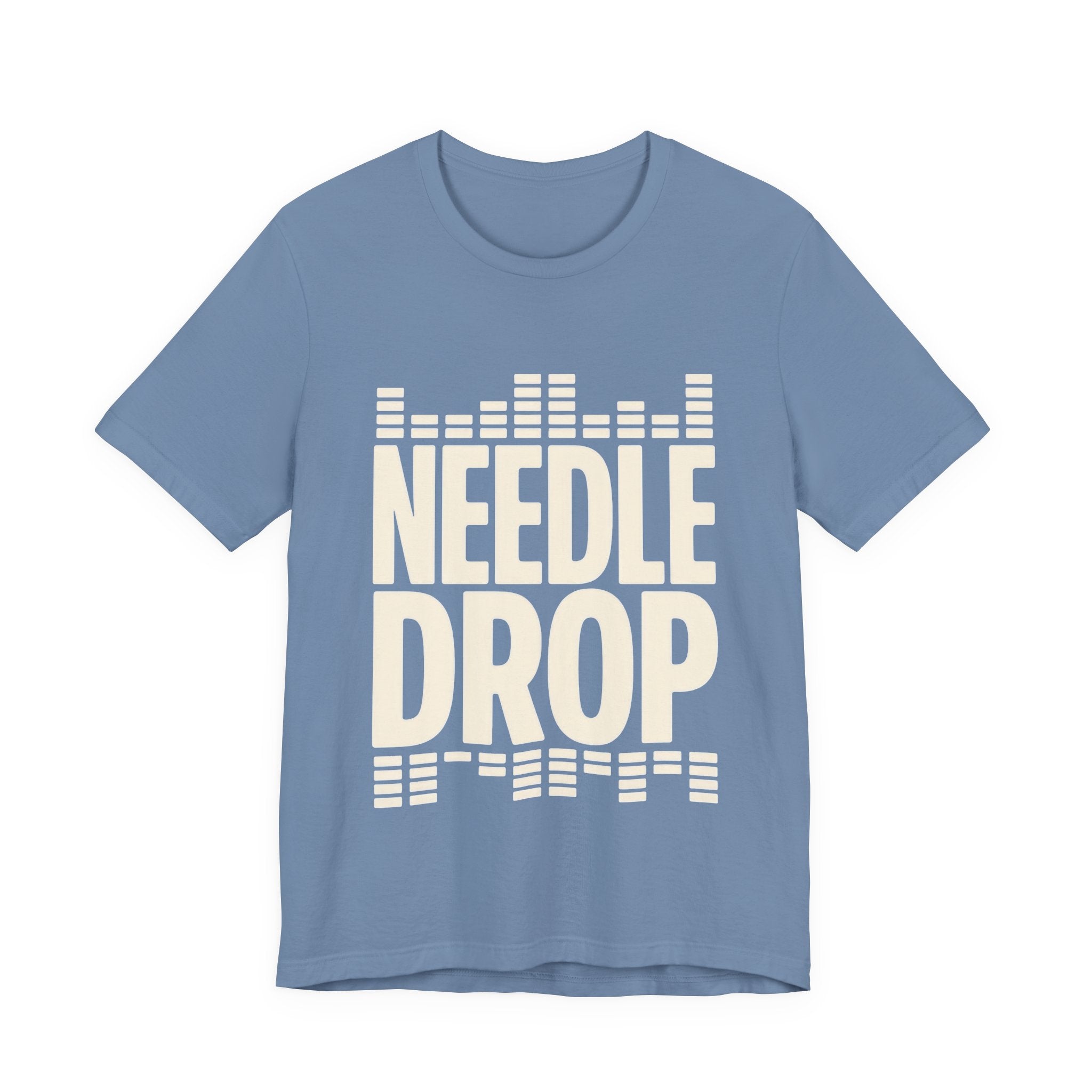 Light blue t-shirt with 'Needle Drop' text on a white background
