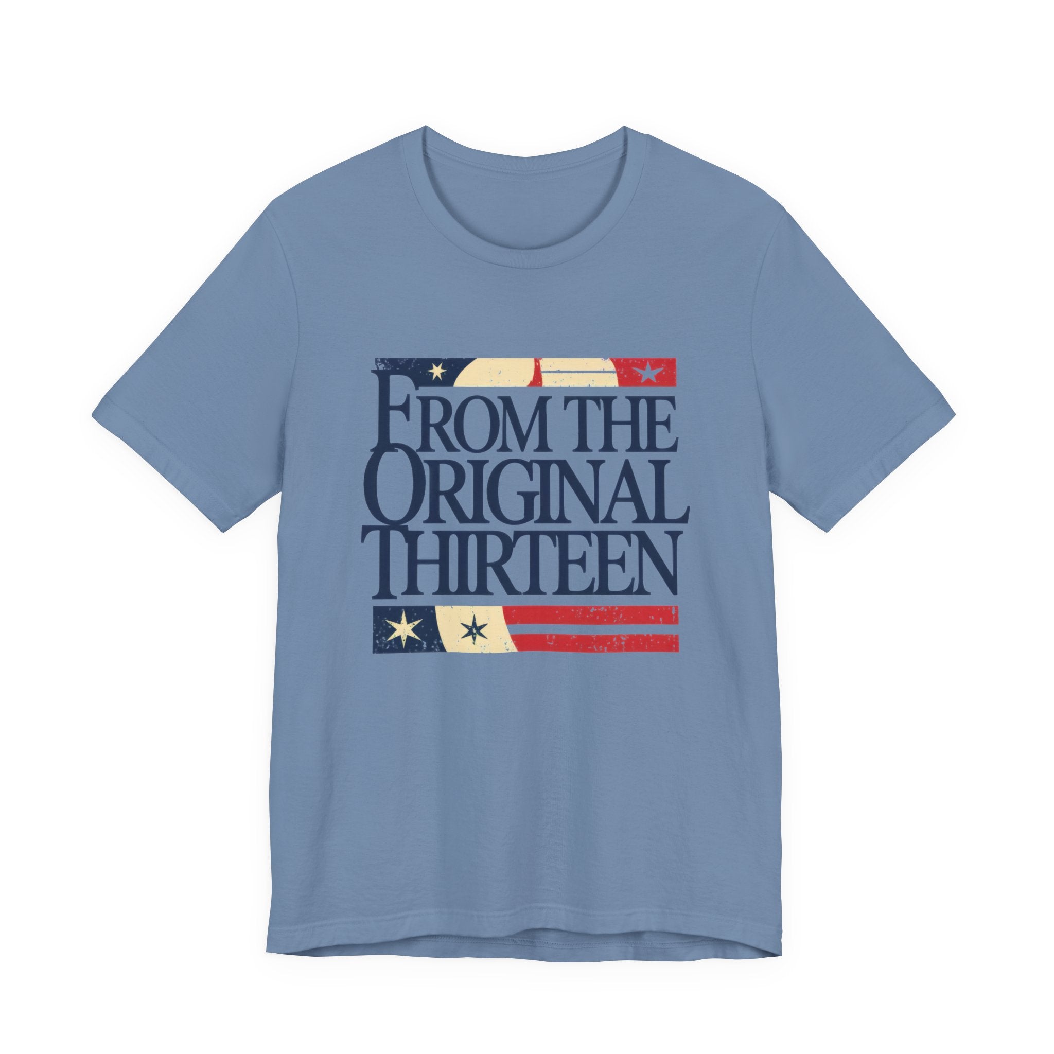 Blue t-shirt with 'From the Original Thirteen' text and American flag design 