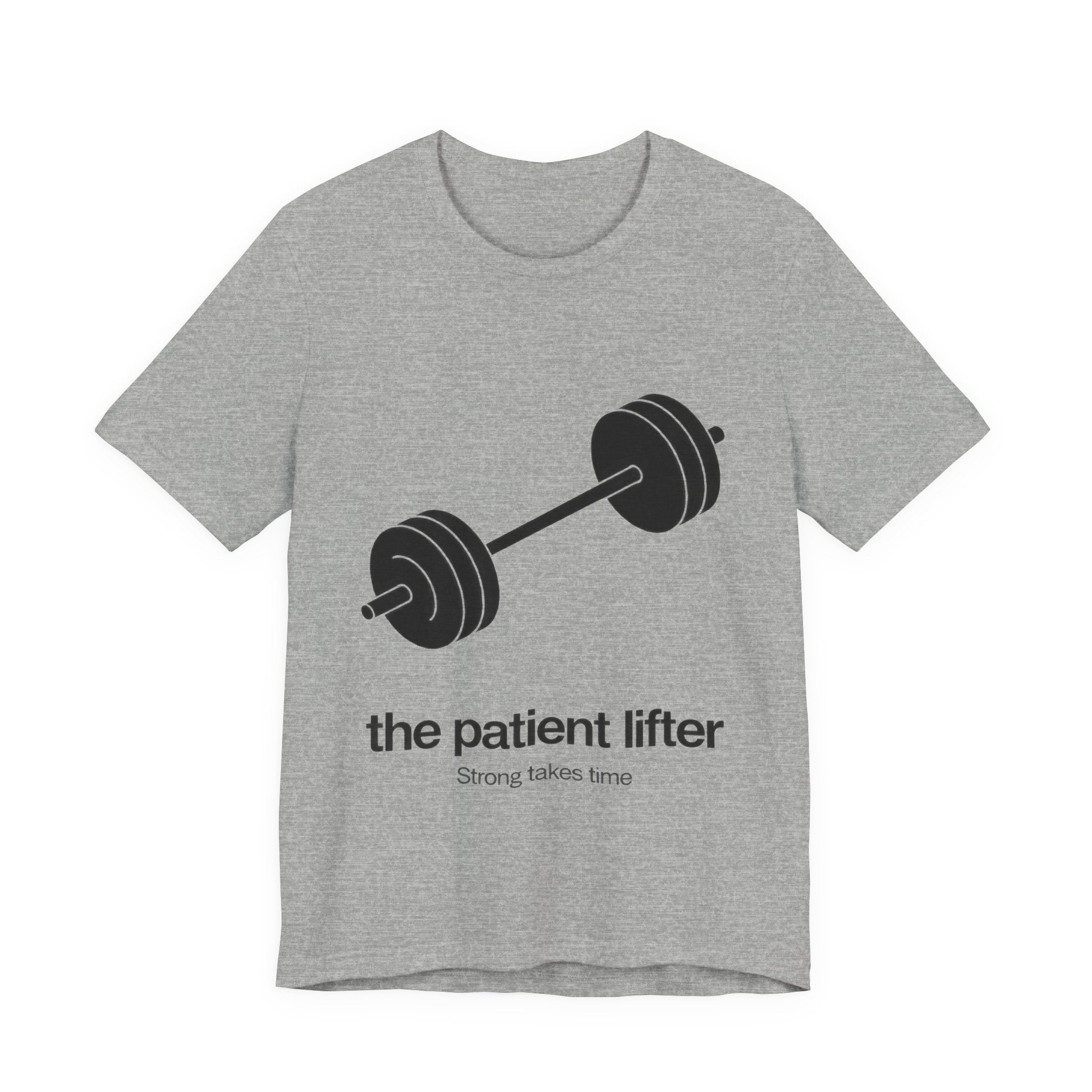 Gray t-shirt with a barbell graphic and 'the patient lifter' text on a white background