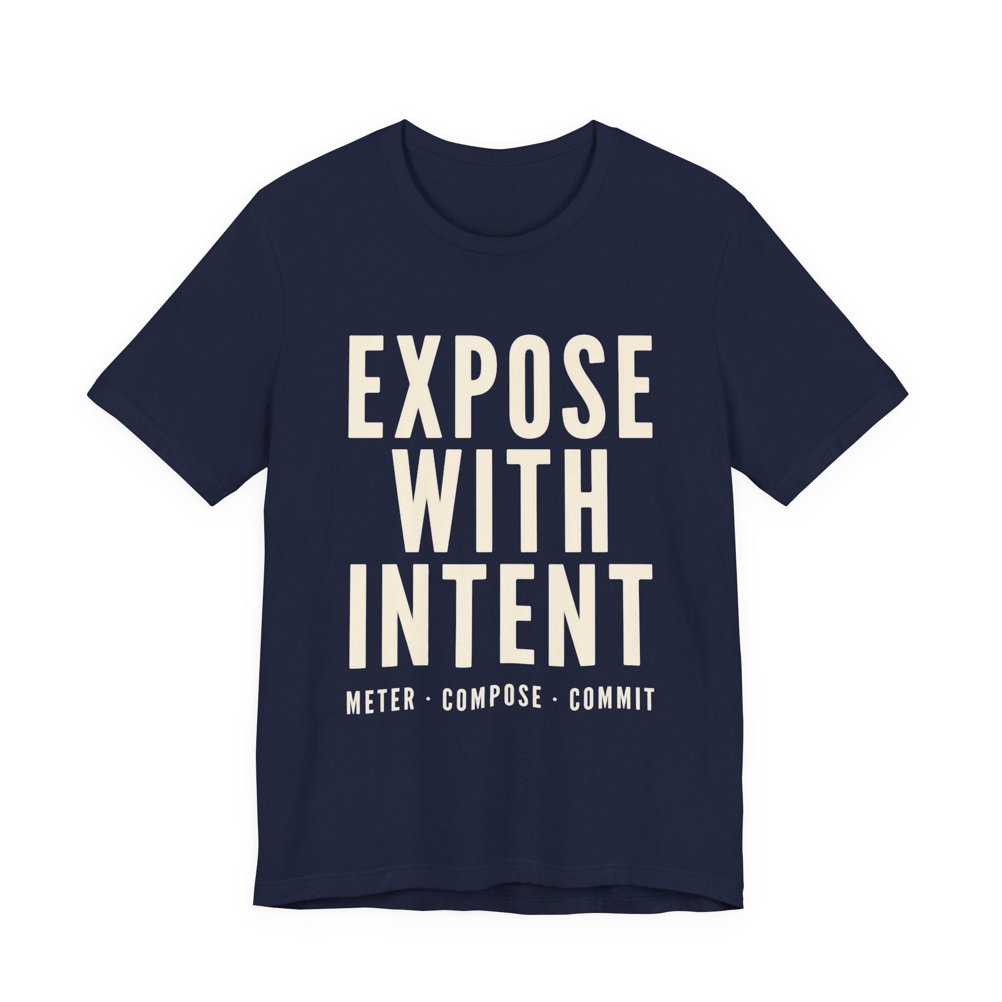 Navy blue t-shirt with white text 'Expose with Intent' on a white background