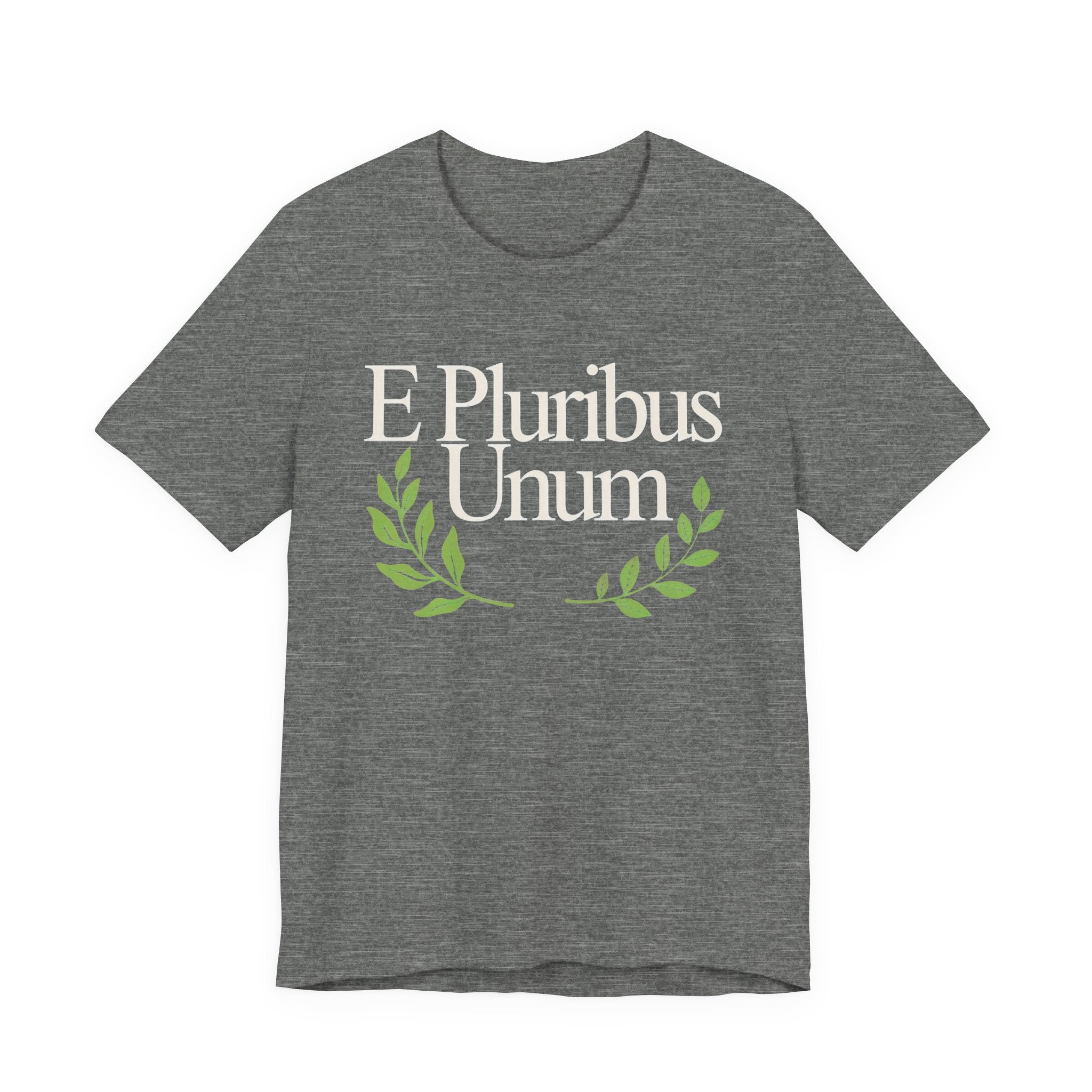 Gray t-shirt with 'E Pluribus Unum' text and green laurel leaves 
