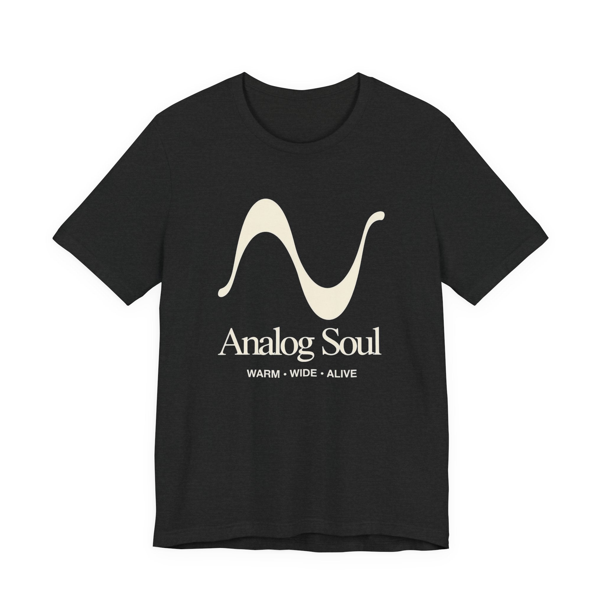 Black t-shirt with 'Analog Soul' design on a white background