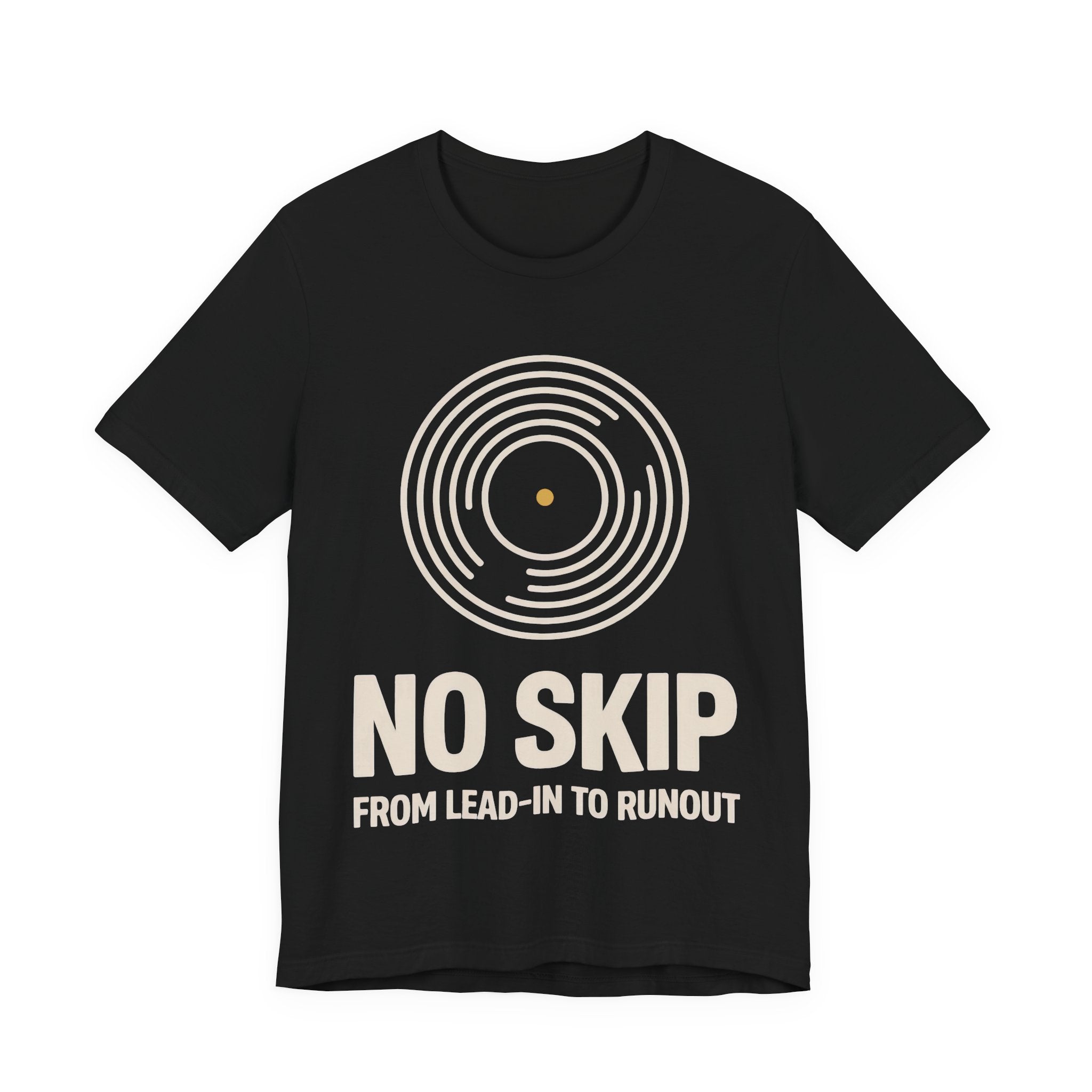 Black t-shirt with white graphic and text 'NO SKIP' on a white background