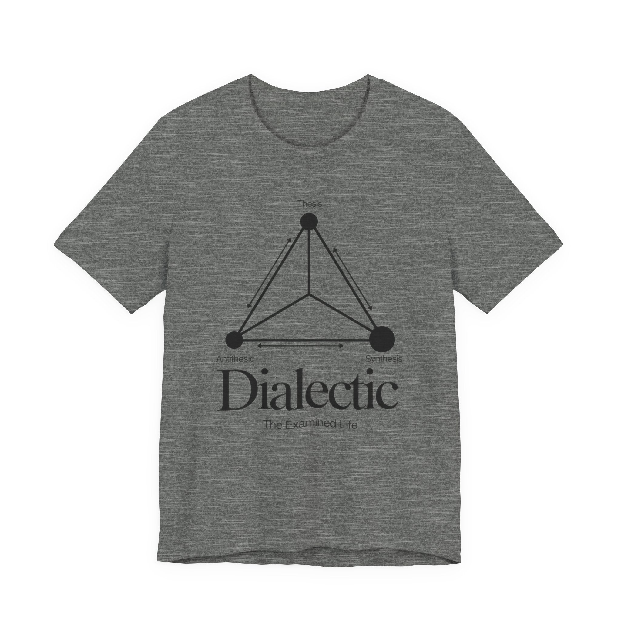 Grey t-shirt with black graphic and 'Dialectic' text on a white background