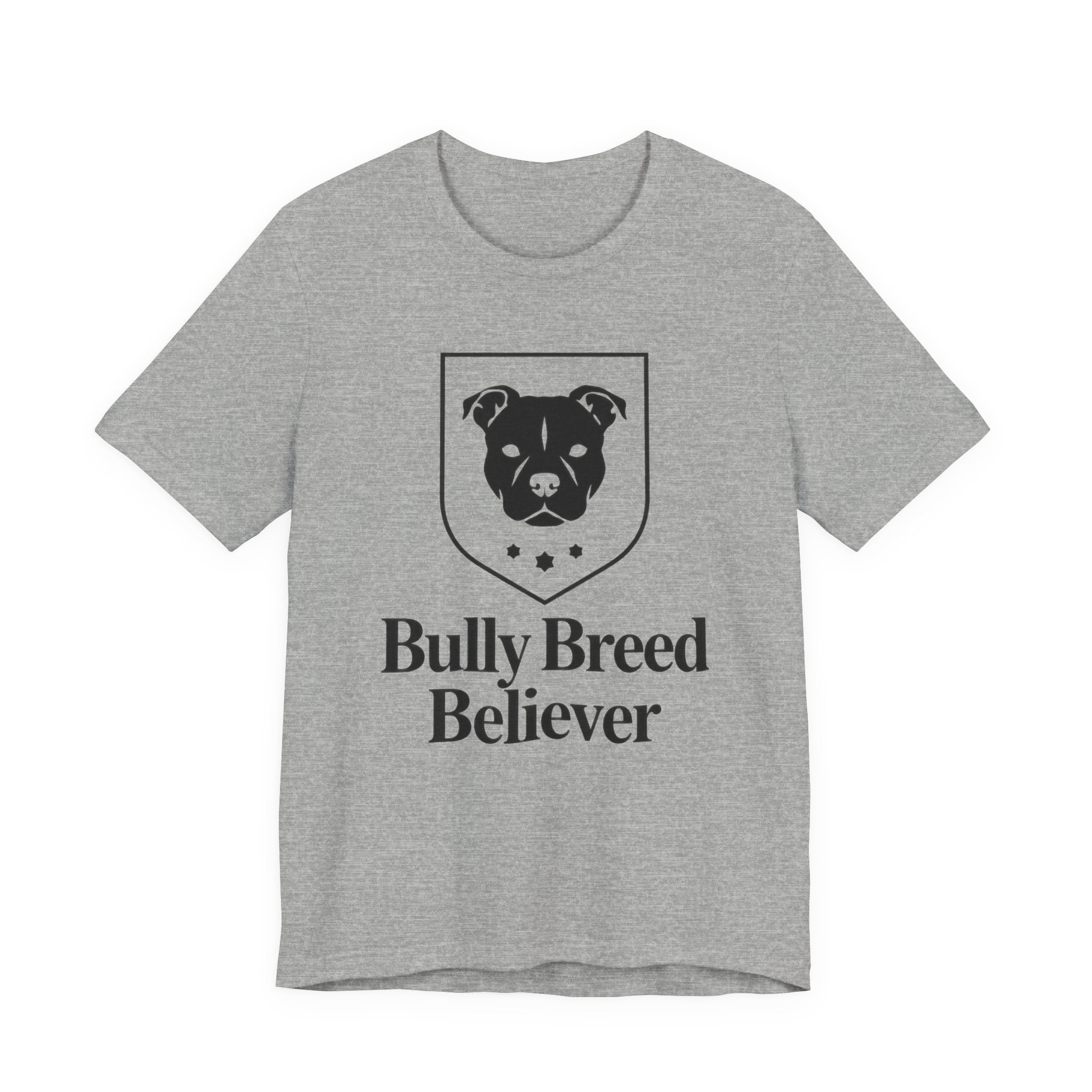 Gray t-shirt with black graphic and text 'Bully Breed Believer' on a white background