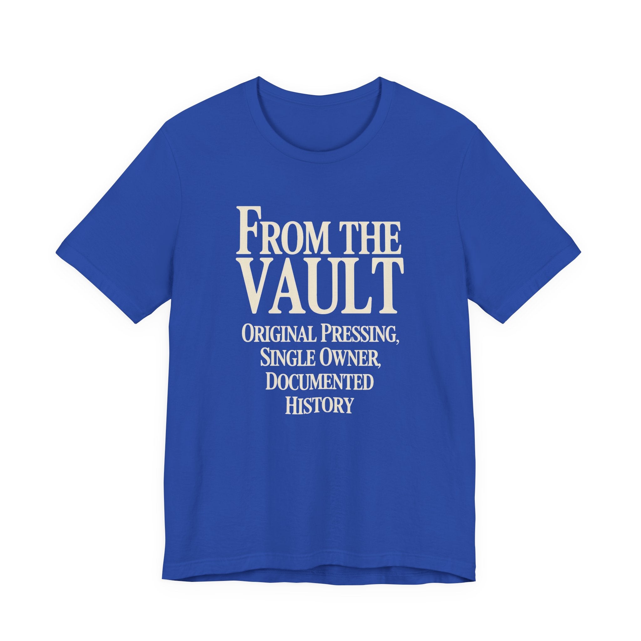 Blue t-shirt with white text on a white background