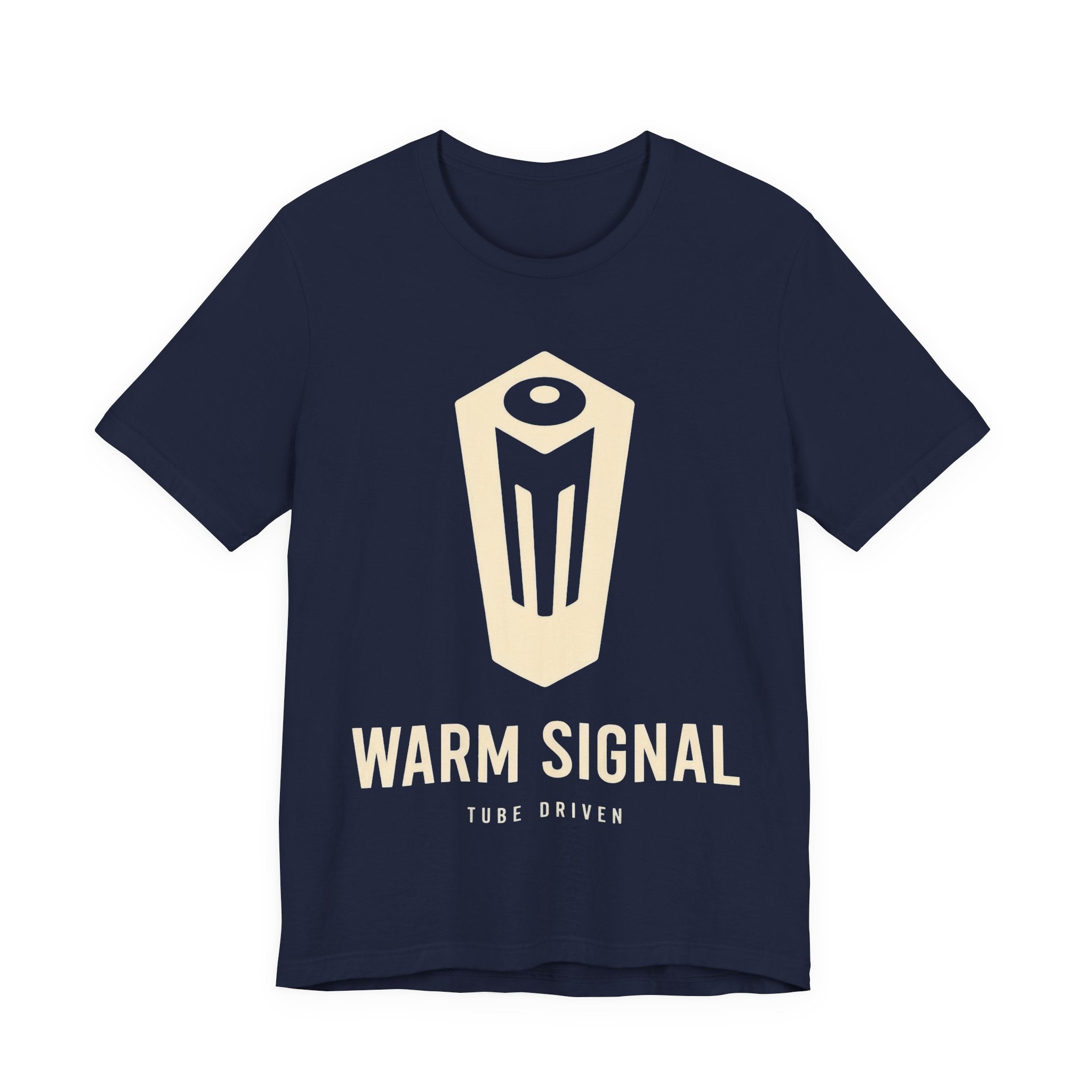 Navy t-shirt with 'Warm Signal' logo and text on a white background