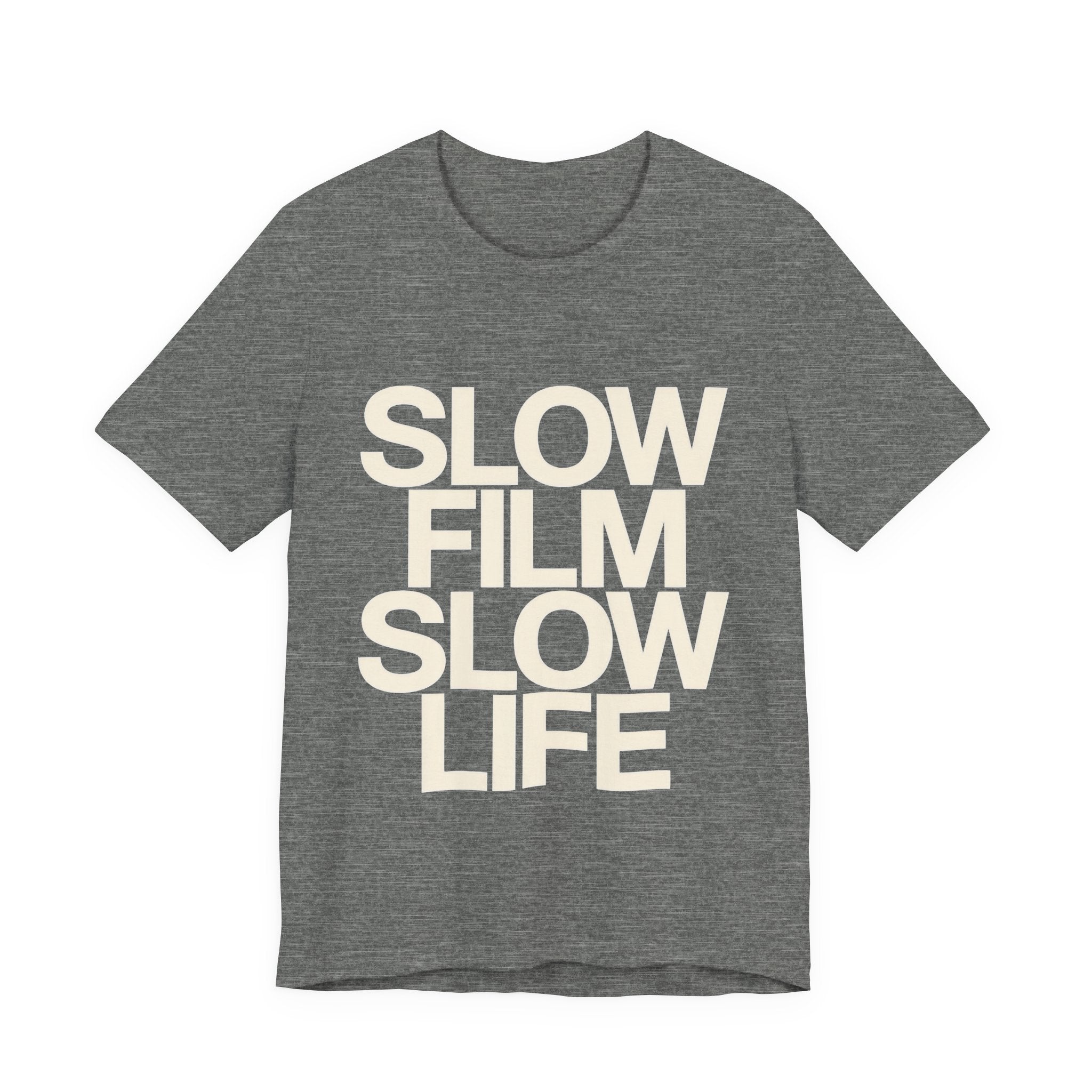 Gray t-shirt with 'SLOW FILM SLOW LIFE' text on a white background
