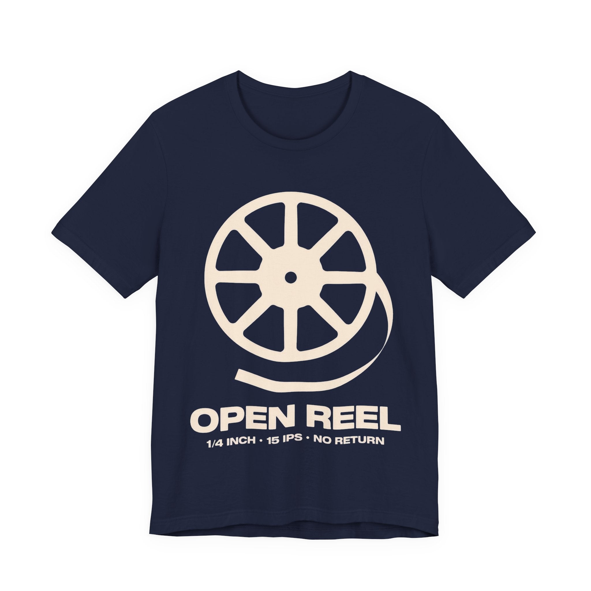 Navy blue t-shirt with a white reel-to-reel tape graphic and text on a white background