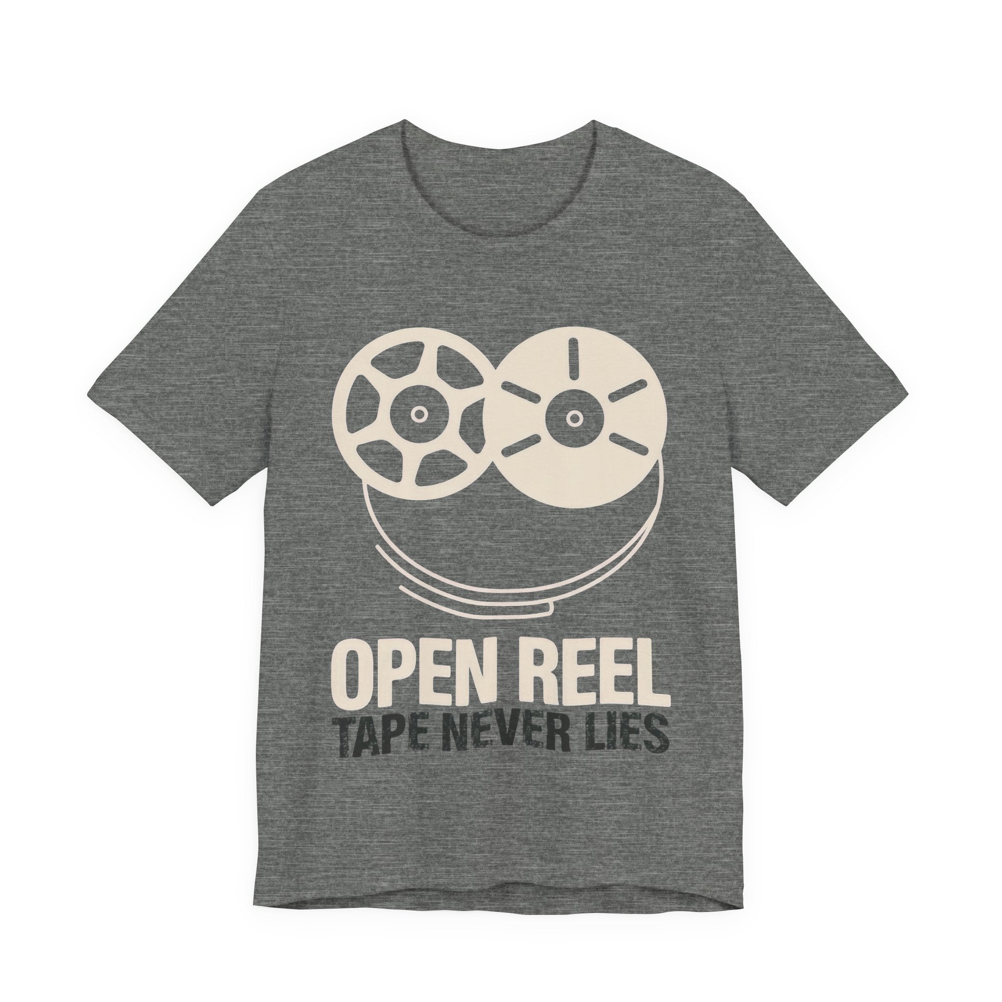 Gray t-shirt with reel-to-reel tape graphic and text on a white background