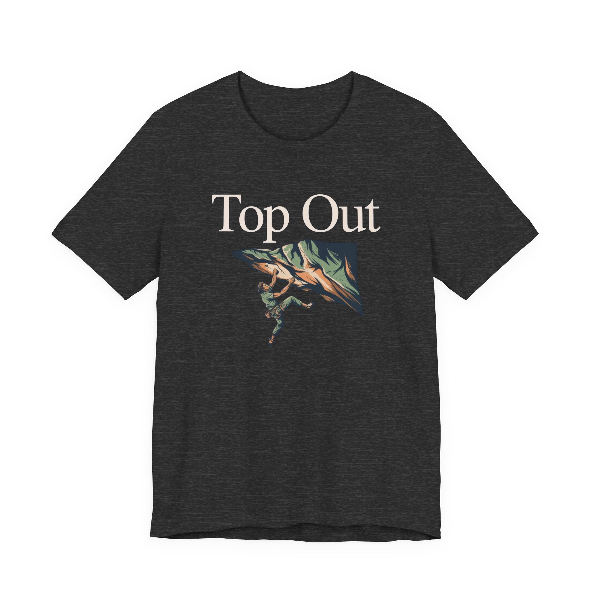Dark gray t-shirt with 'Top Out' text and climbing graphic on a white background