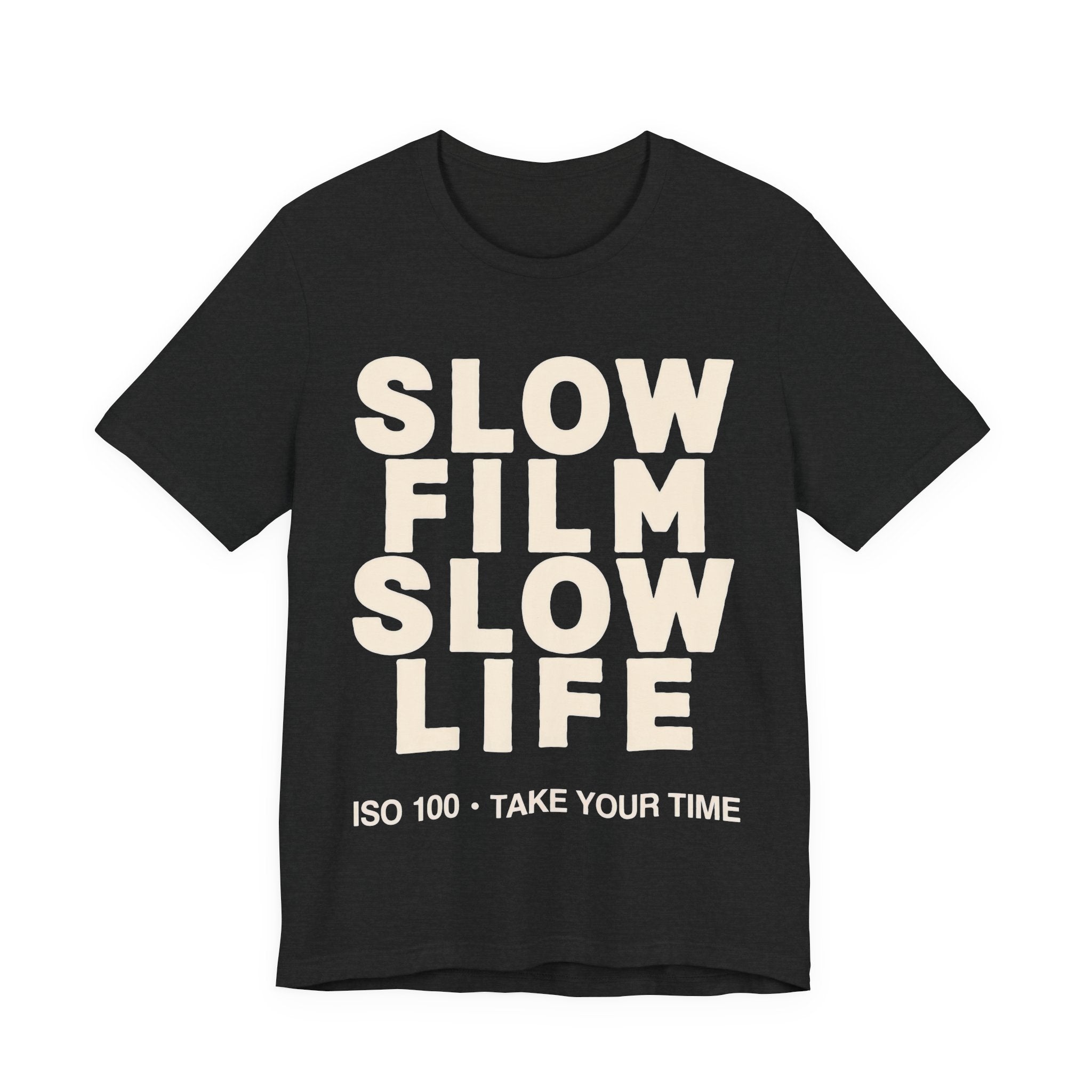 Black t-shirt with 'Slow Film Slow Life' text on a white background