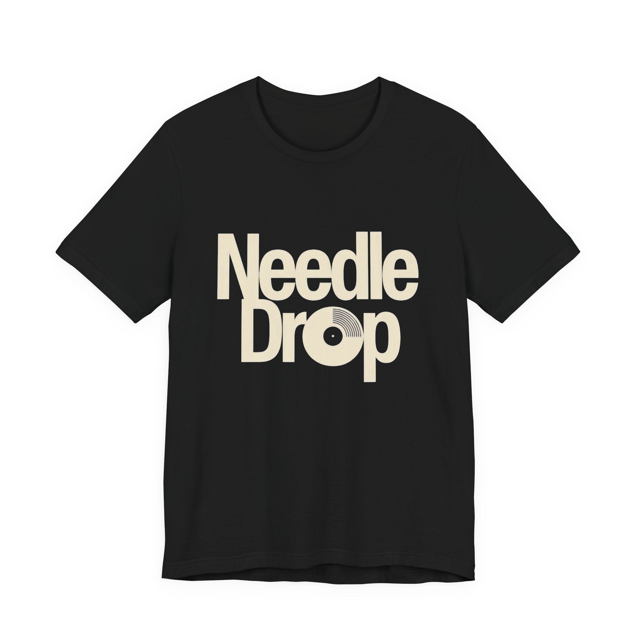 Black t-shirt with 'Needle Drop' text on a white background