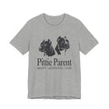 Gray t-shirt with black dog illustrations and 'Pittie Parent' text on a white background
