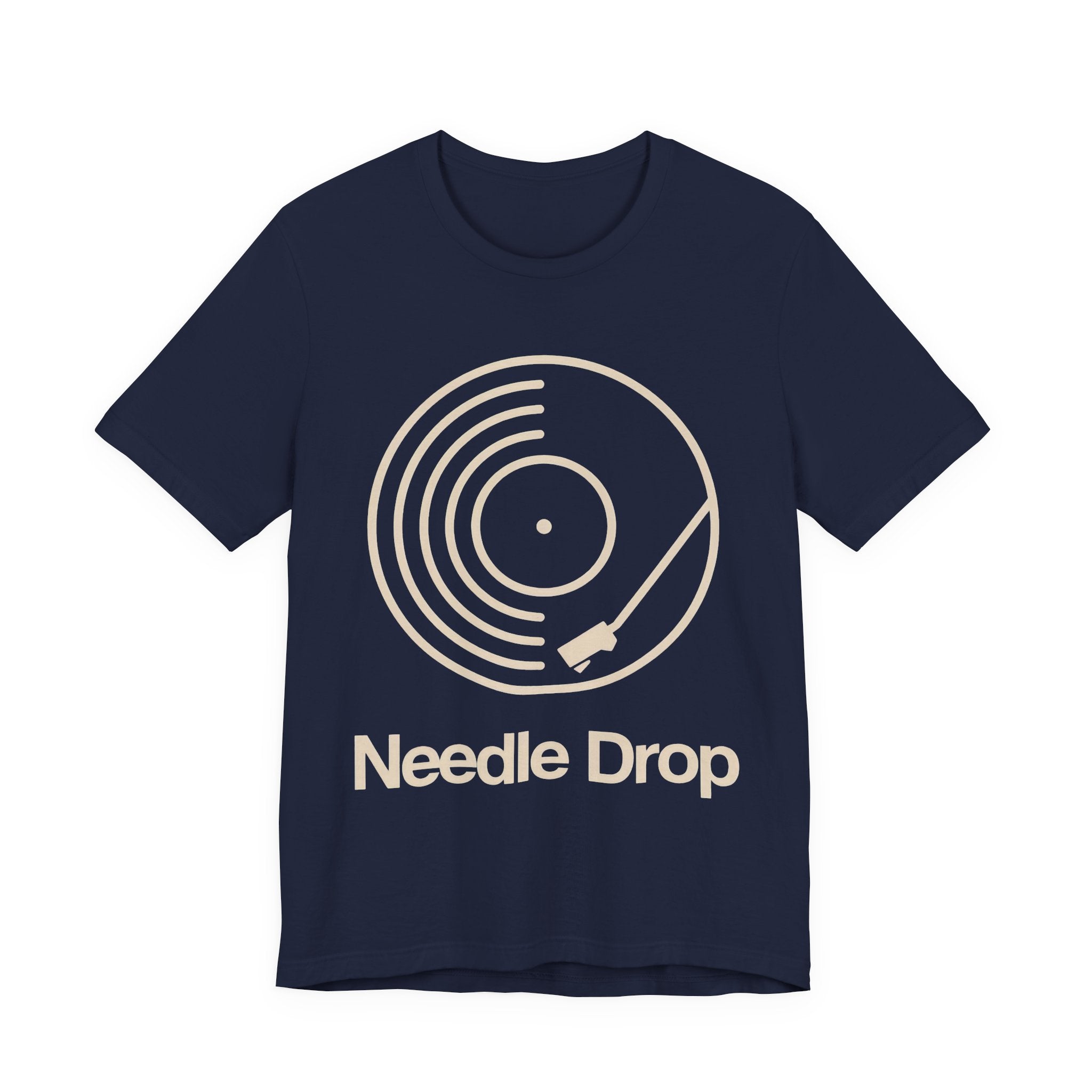 Navy blue t-shirt with 'Needle Drop' graphic design on a white background