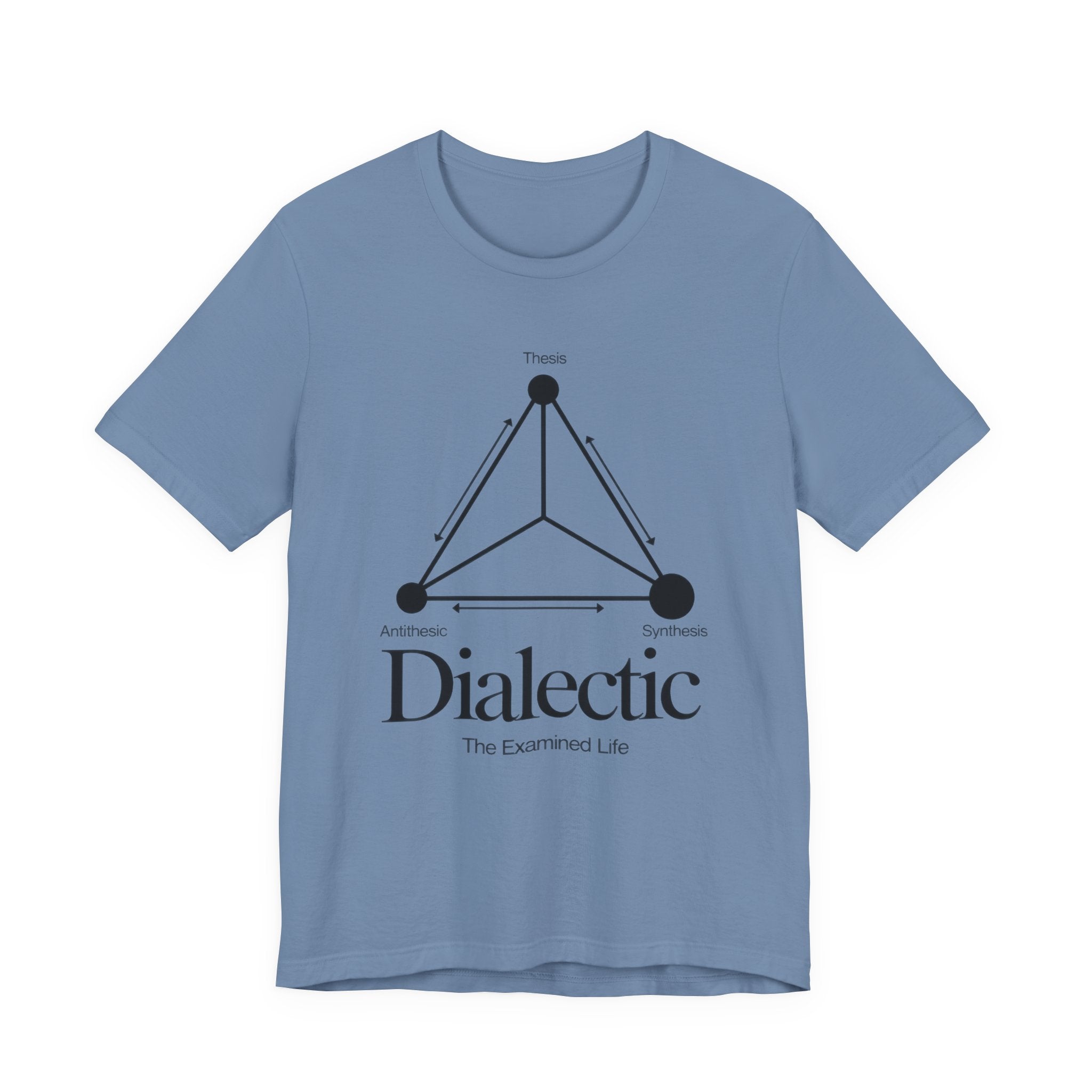 Blue t-shirt with black graphic and 'Dialectic' text on a white background