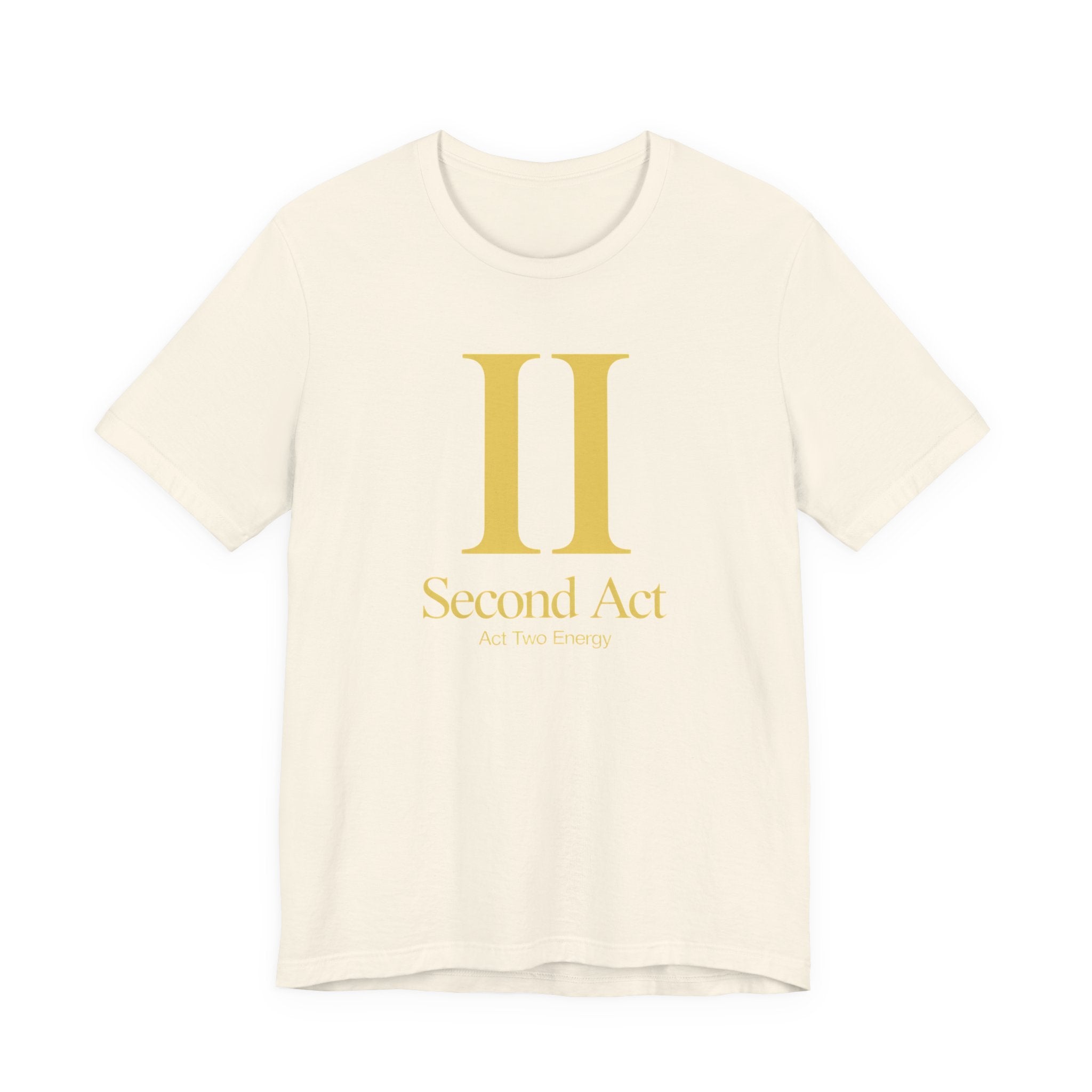 Beige t-shirt with gold 'Second Act' logo on a white background