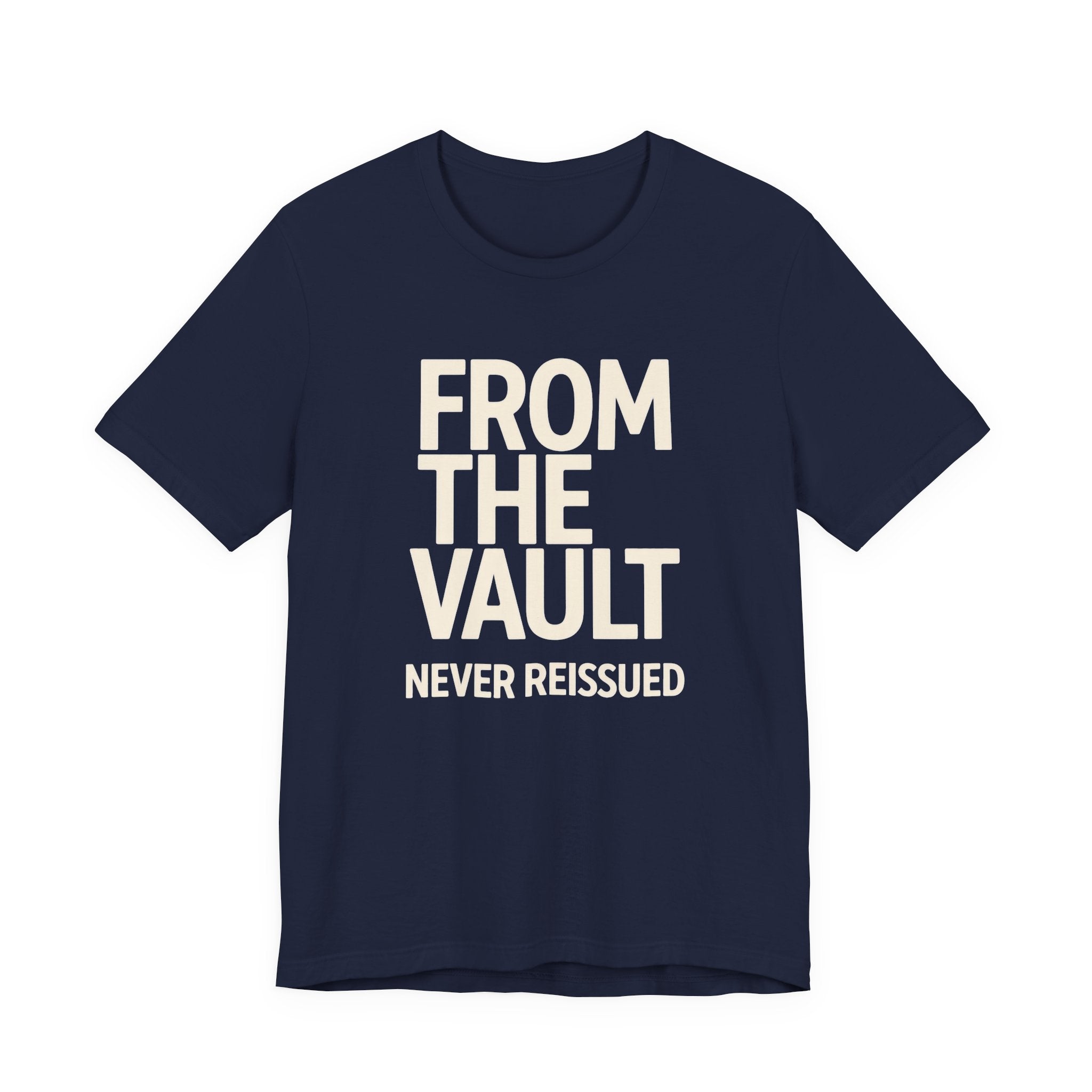 Navy t-shirt with text 'FROM THE VAULT NEVER REISSUED' on a white background