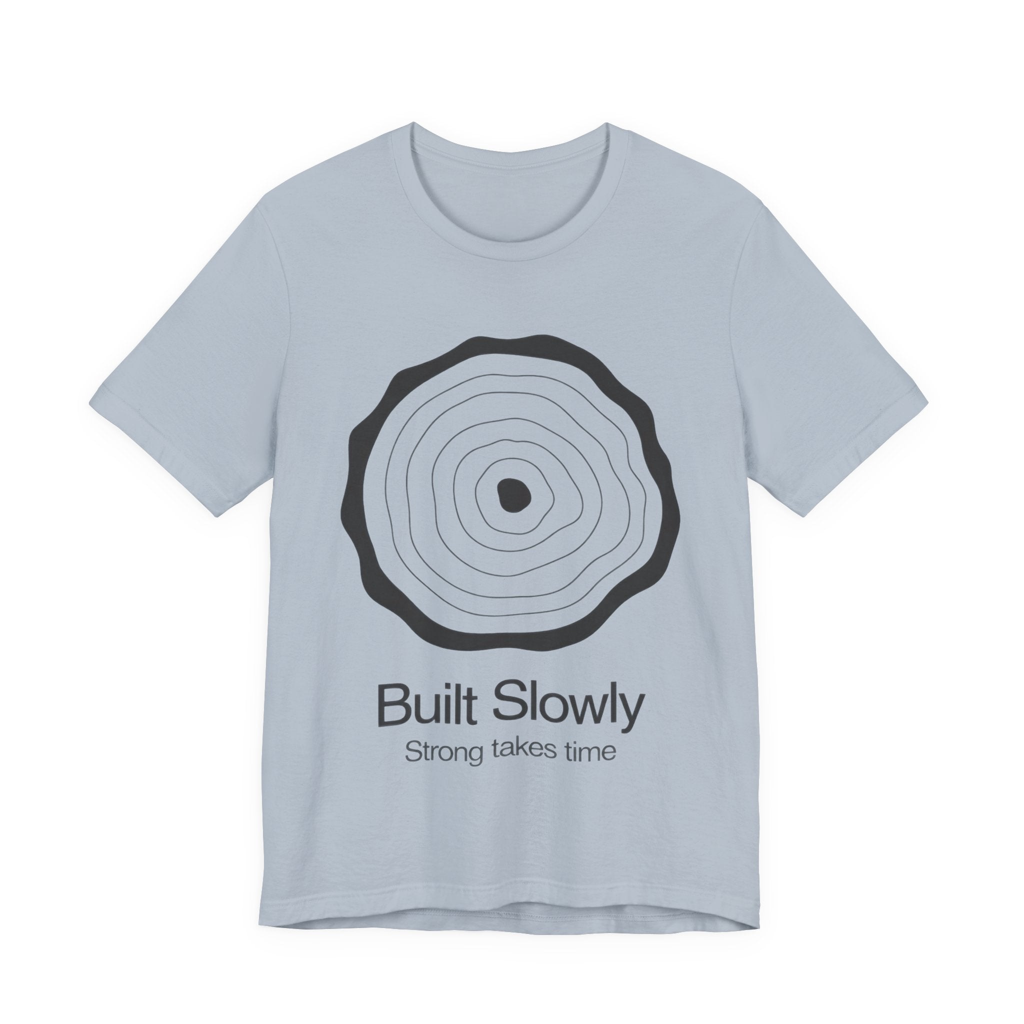 Light blue t-shirt with black circular design and text on a white background