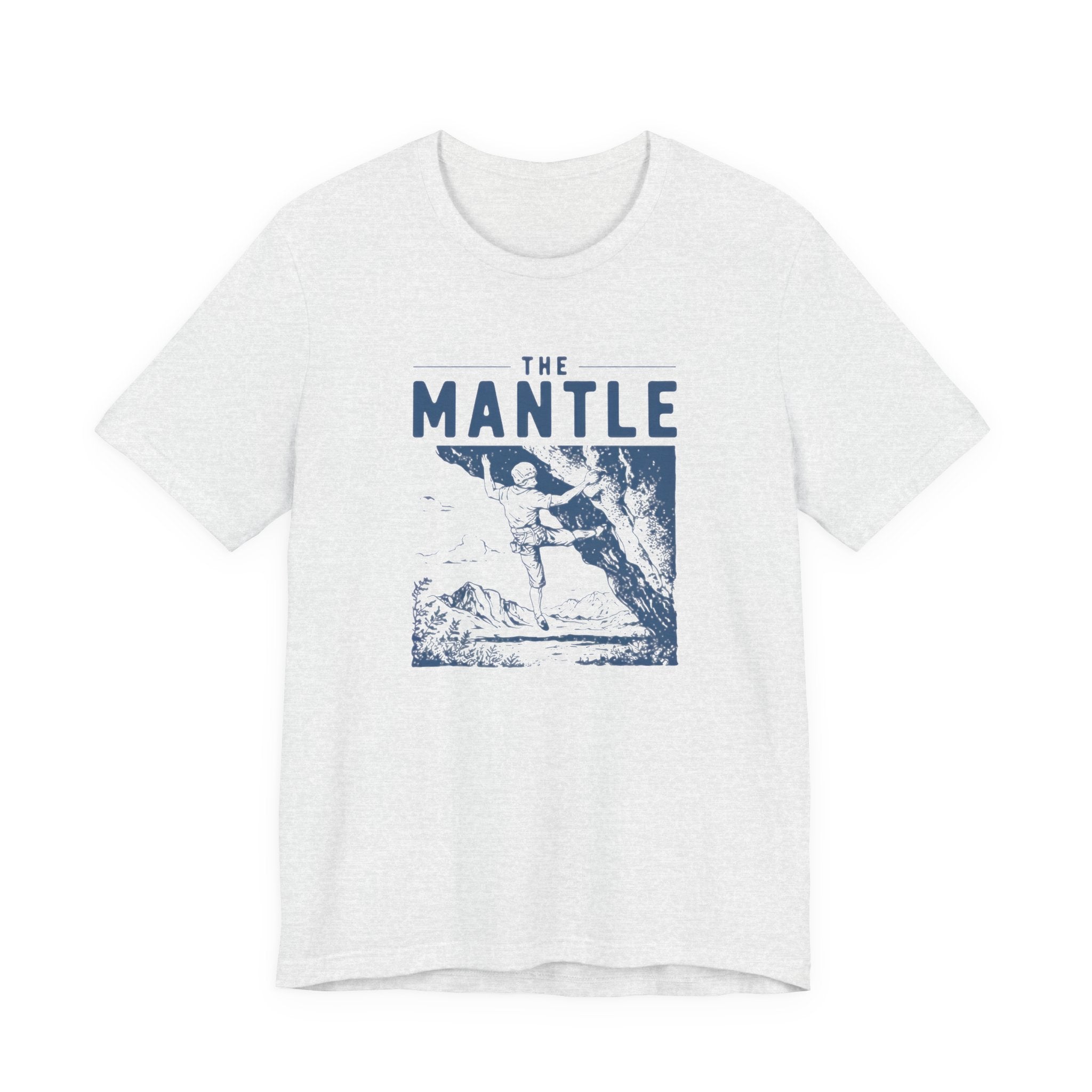 Ash t-shirt with 'The Mantle' graphic design on a white background