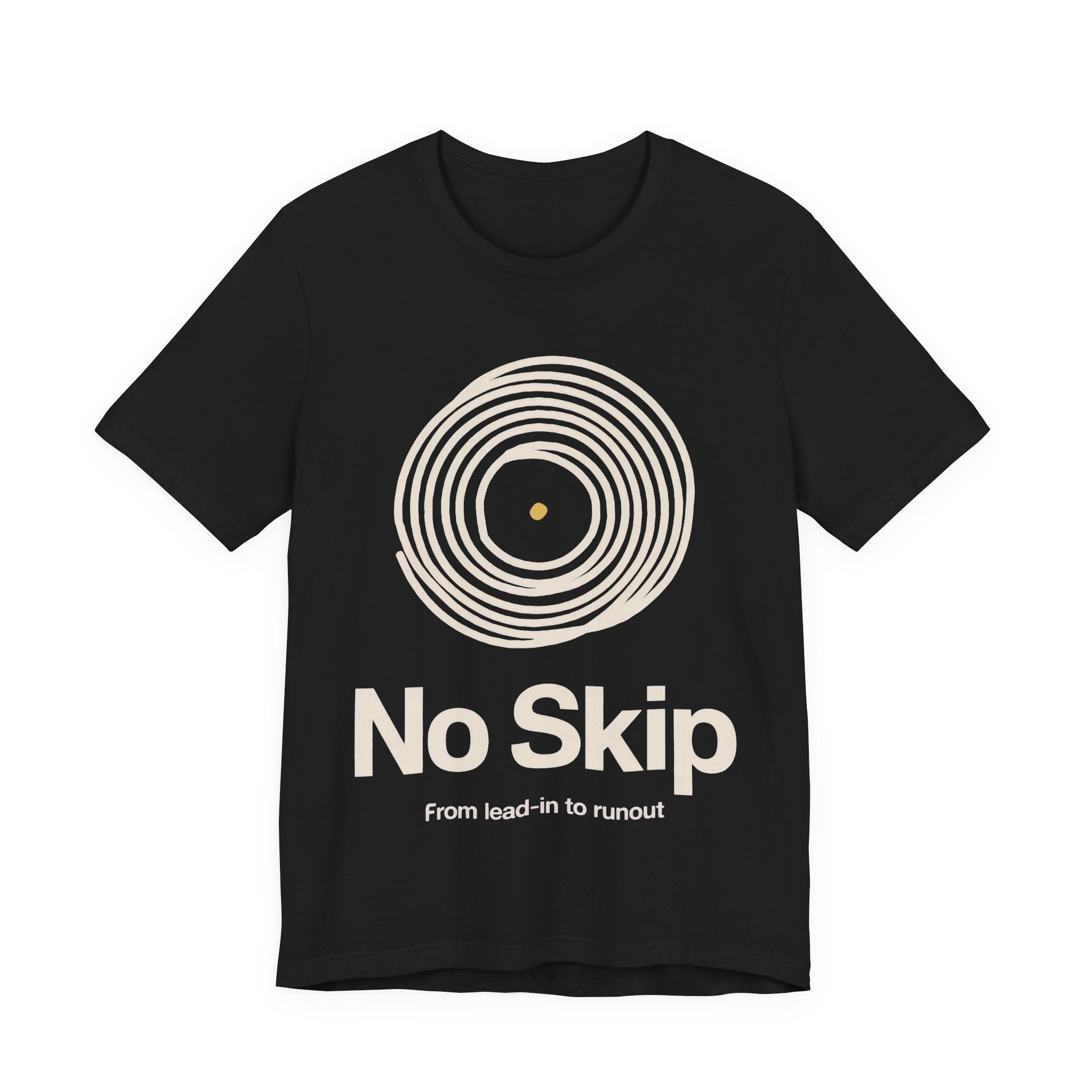 Black t-shirt with 'No Skip' graphic design on a white background