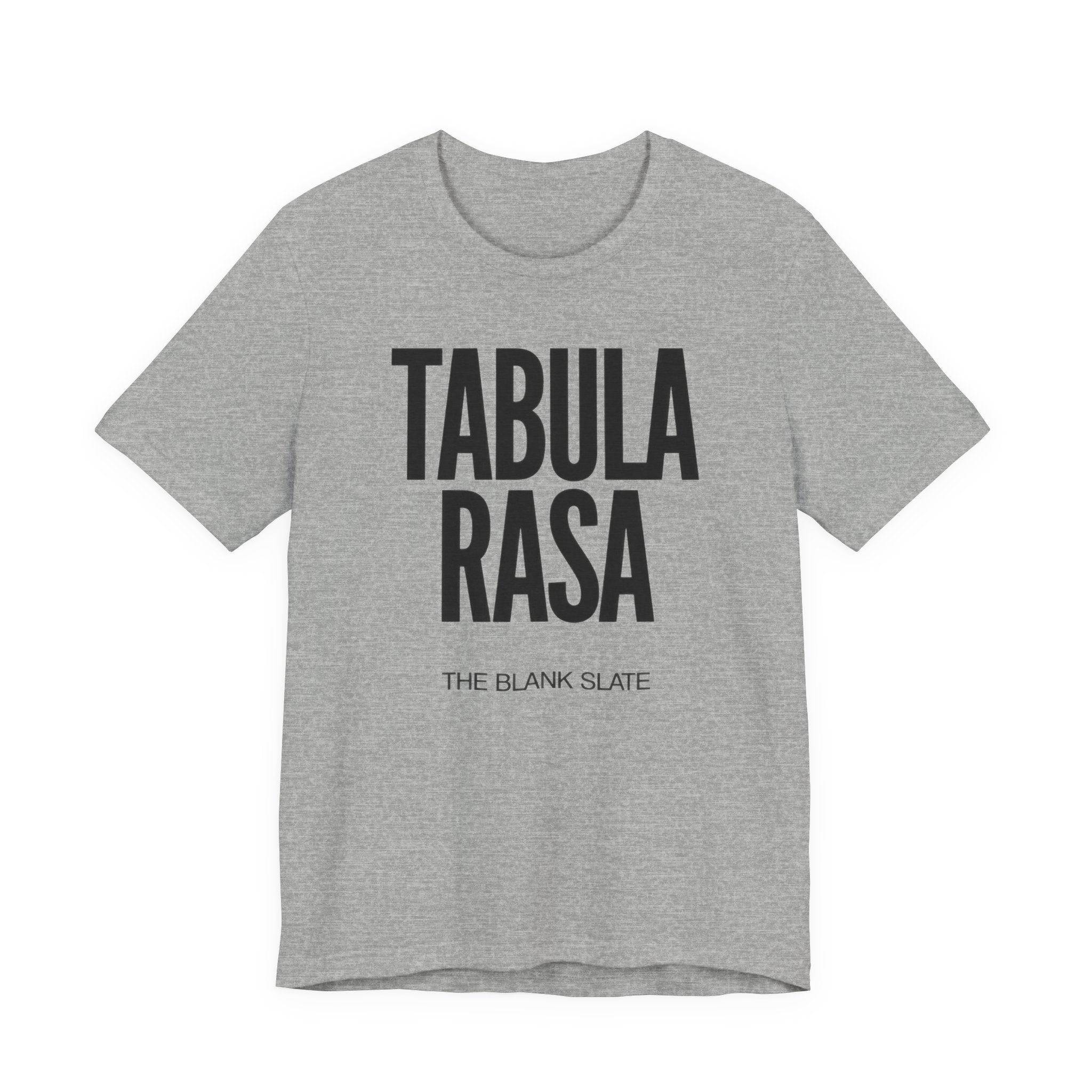 Gray t-shirt with 'TABULA RASA' text on a white background