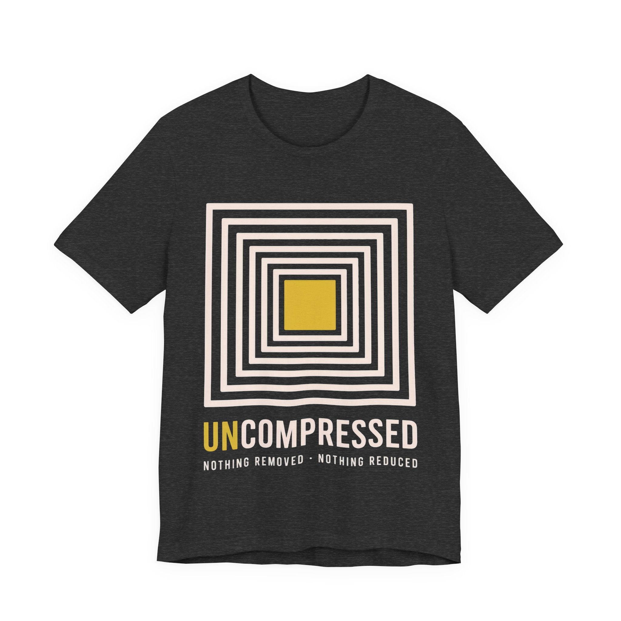 Dark gray t-shirt with geometric design and 'UNCOMPRESSED' text on a white background