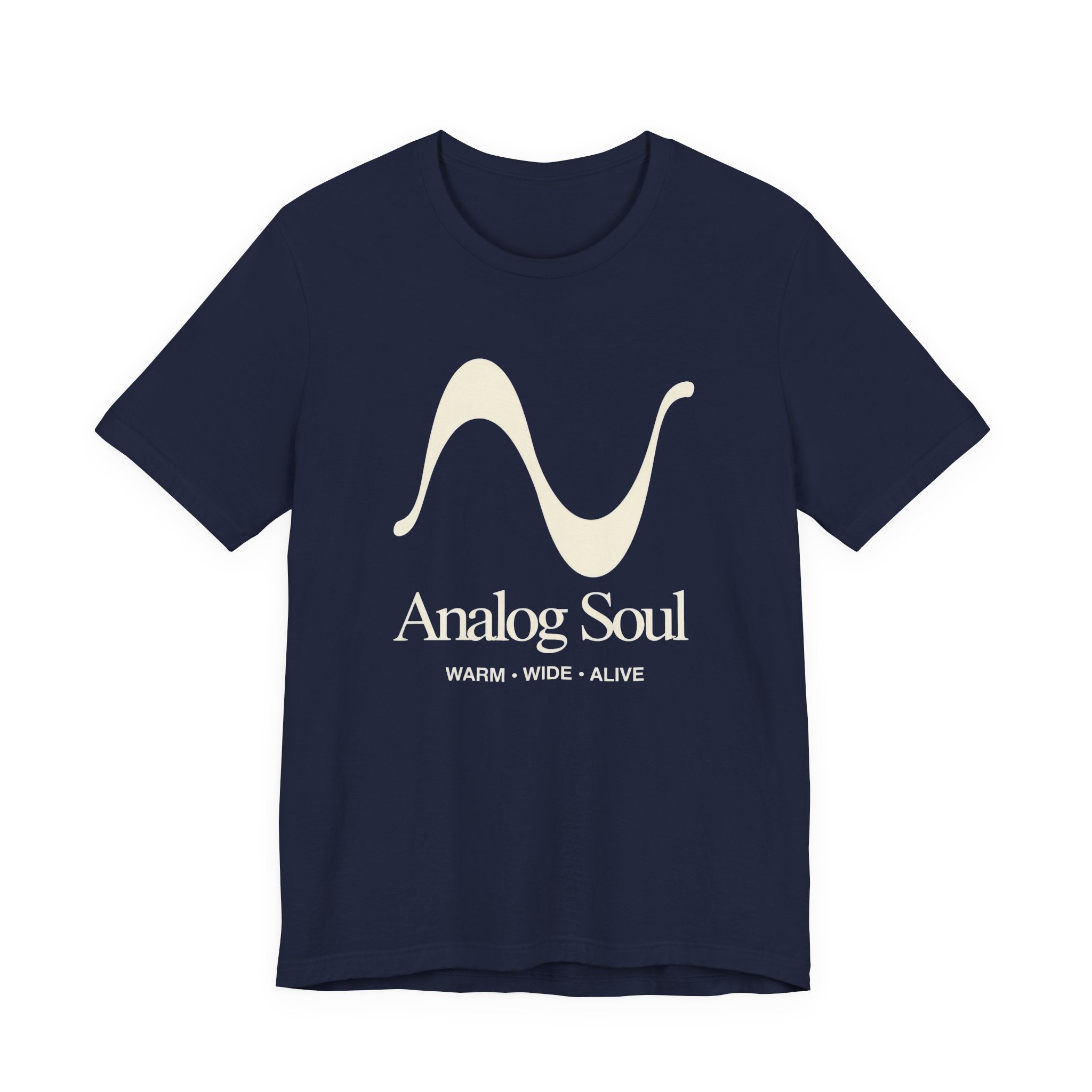 Navy t-shirt with 'Analog Soul' design on a white background