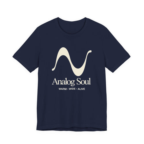 Navy t-shirt with 'Analog Soul' design on a white background