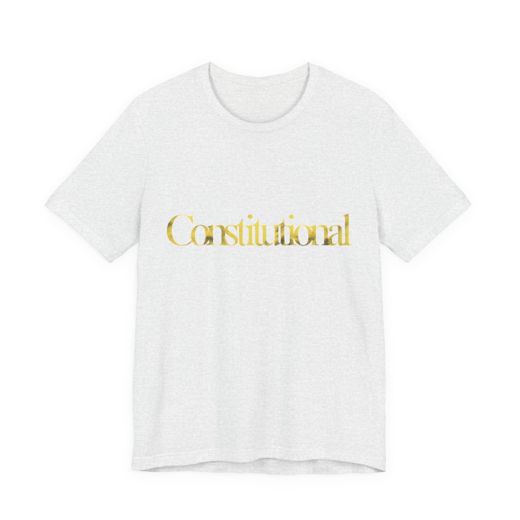 Ash t-shirt with 'Constitutional' in gold on a white background