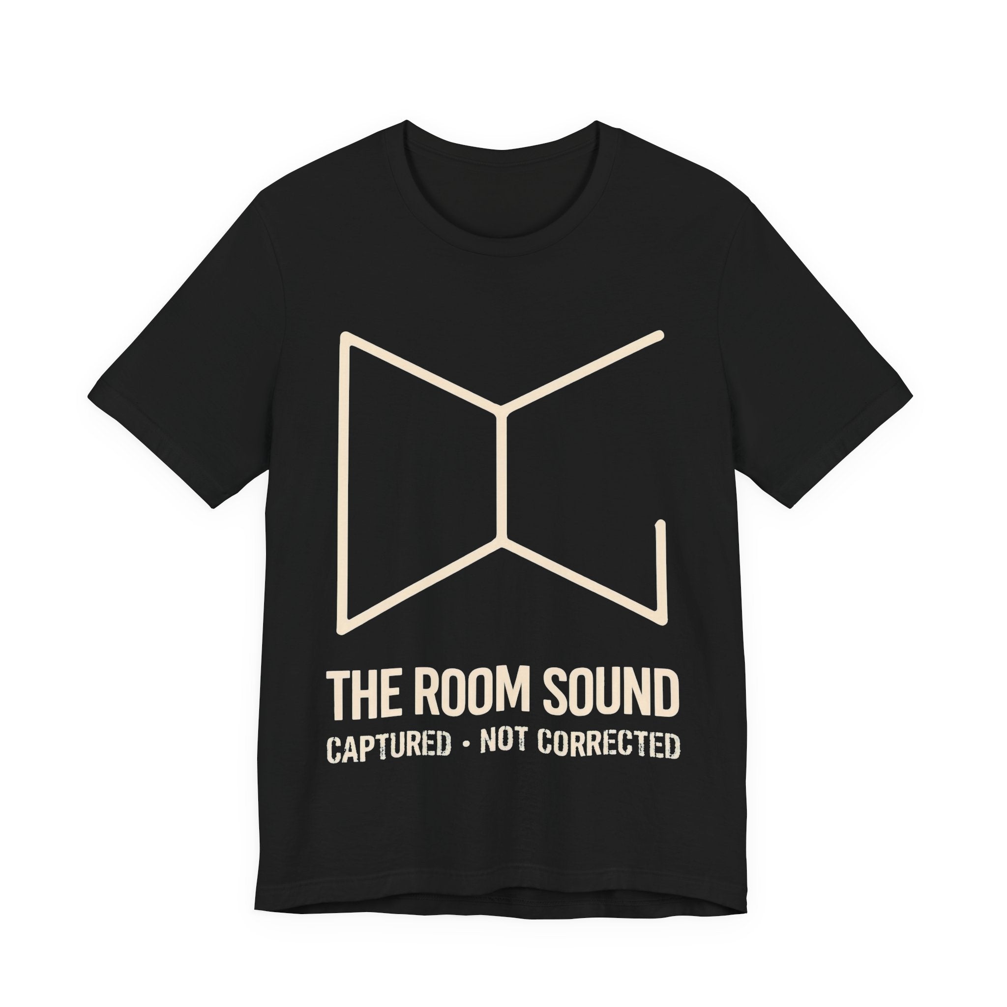 Black t-shirt with gold geometric design and 'The Room Sound' text on a white background