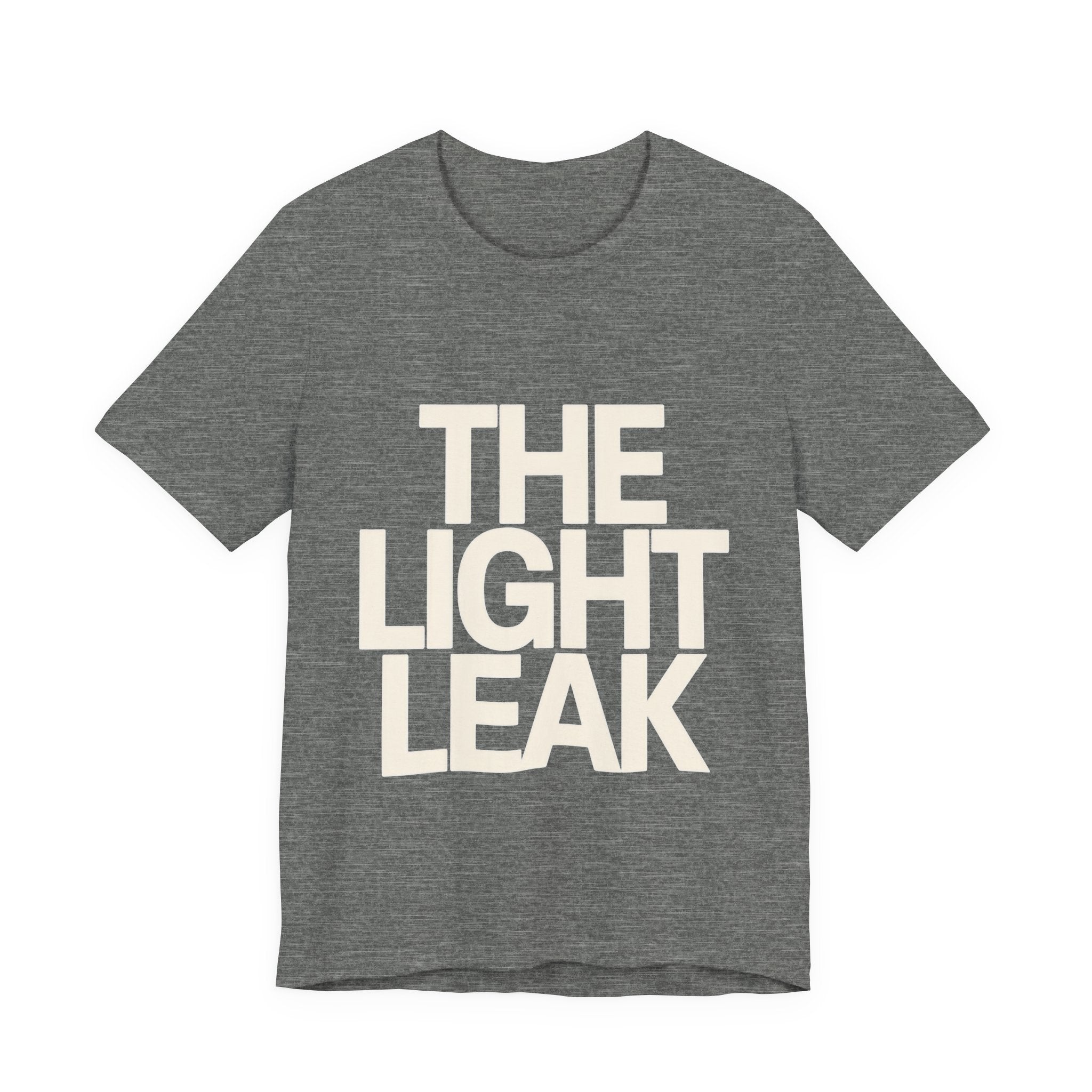 Gray t-shirt with 'THE LIGHT LEAK' text on a white background