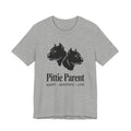 Gray t-shirt with black dog illustration and 'Pittie Parent' text on a white background