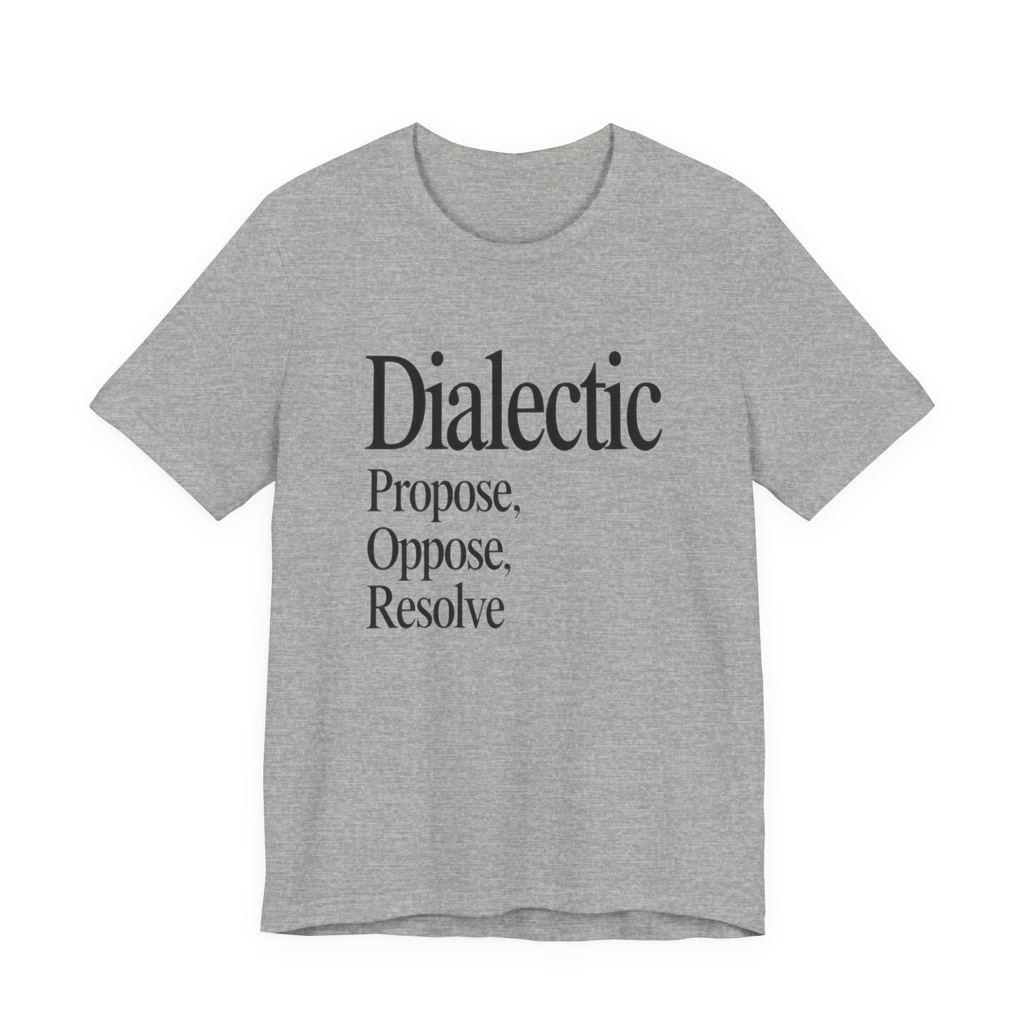Gray t-shirt with black 'Dialectic' text on a white background