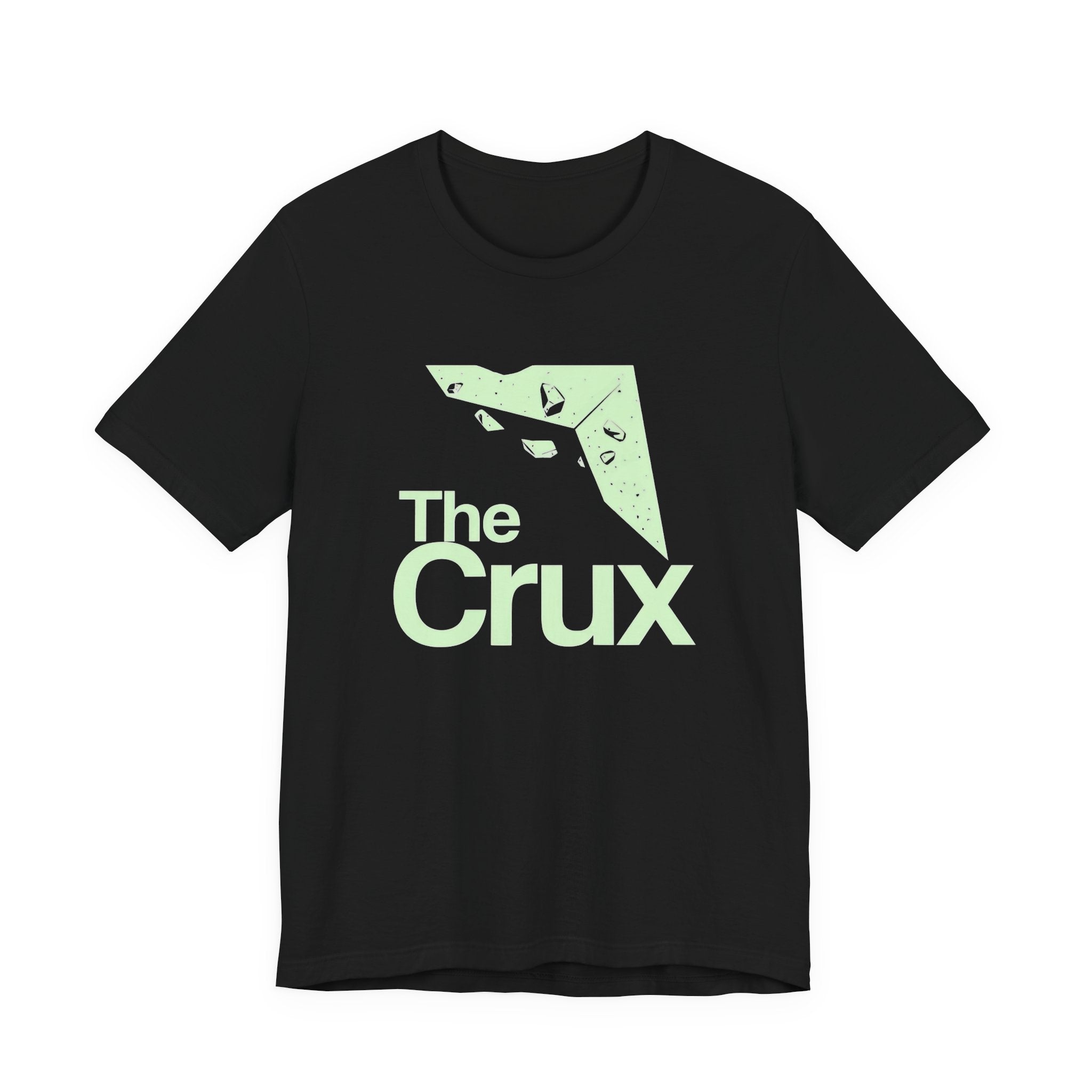 Black t-shirt with 'The Crux' logo in light green on a white background
