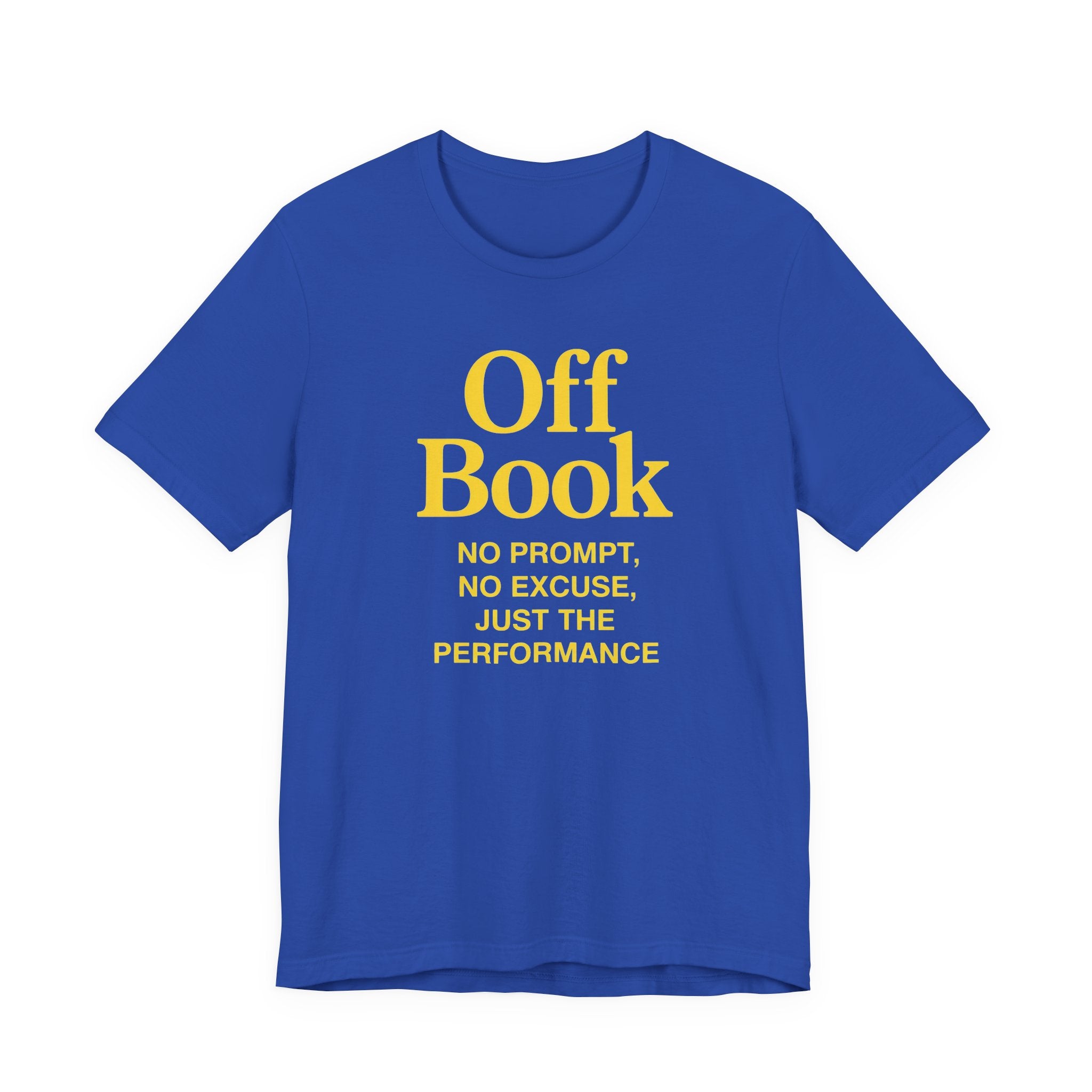 Blue t-shirt with yellow text 'Off Book' on a white background