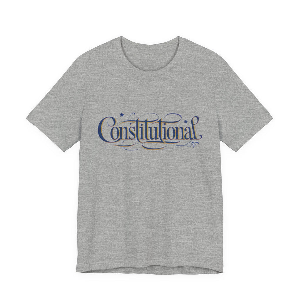 Gray t-shirt with text 'Constitutional' in decorative font on a white background