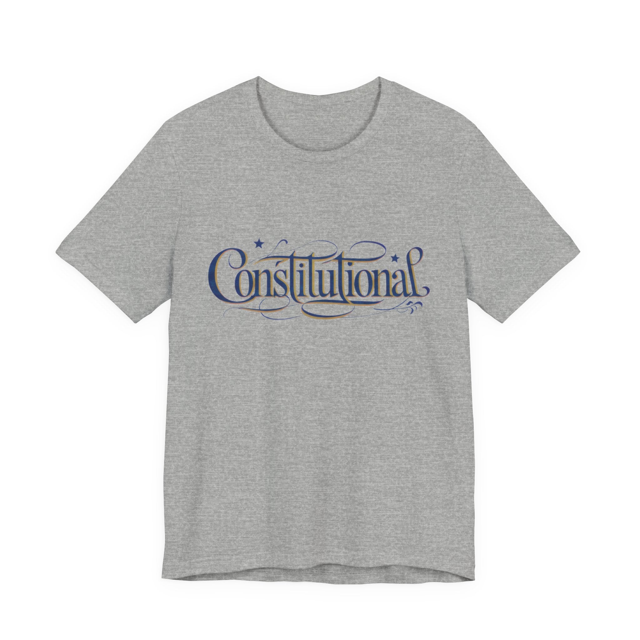 Gray t-shirt with text 'Constitutional' in decorative font on a white background