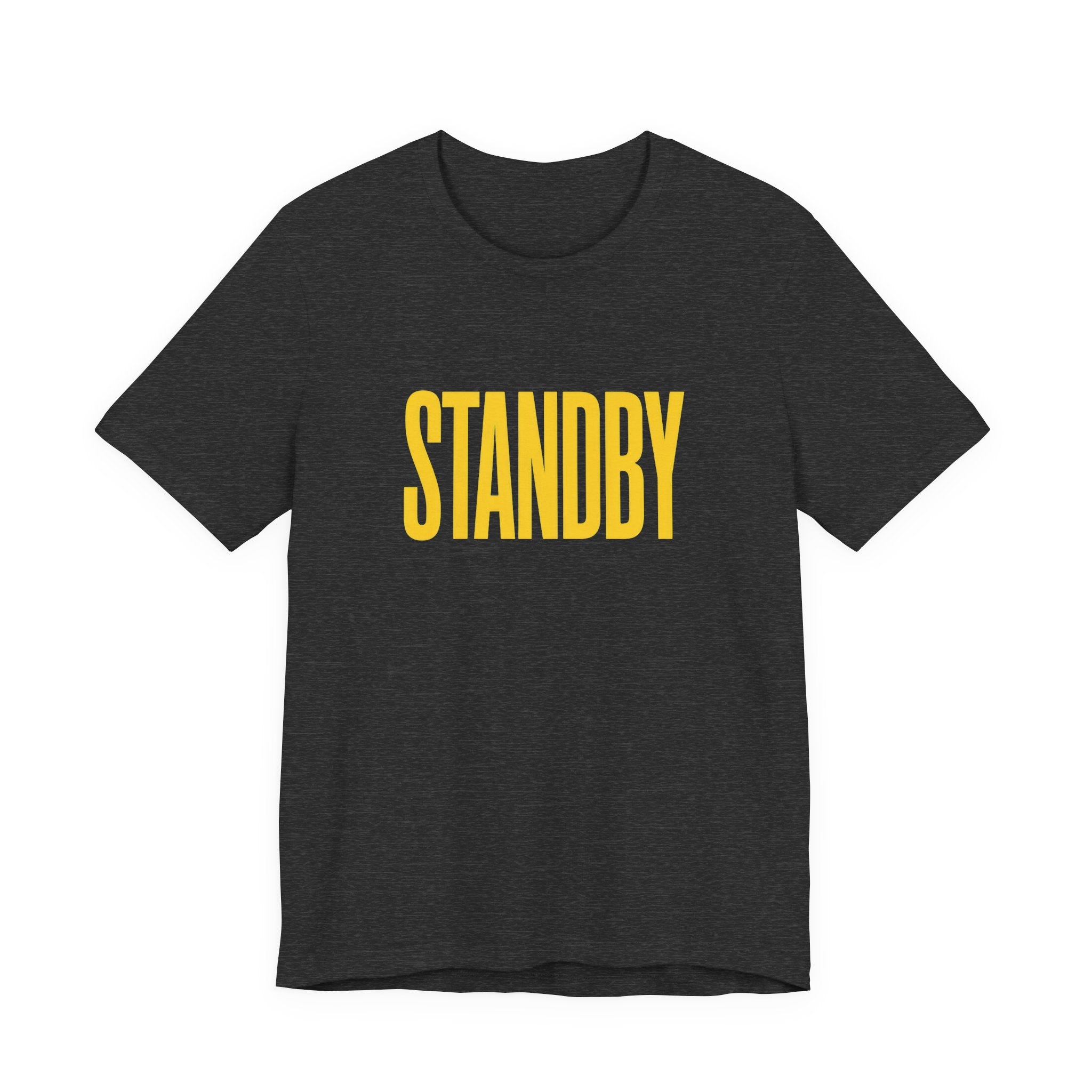 Dark grey t-shirt with yellow 'STANDBY' text on a white background