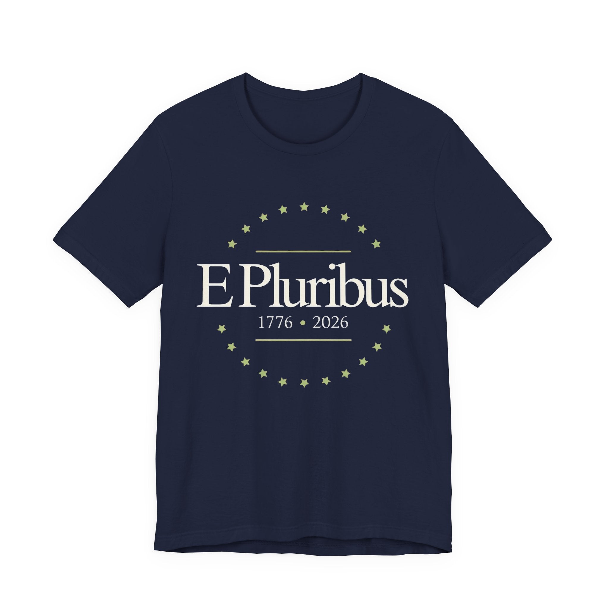 Navy blue t-shirt with 'E Pluribus 1776-2026' text 