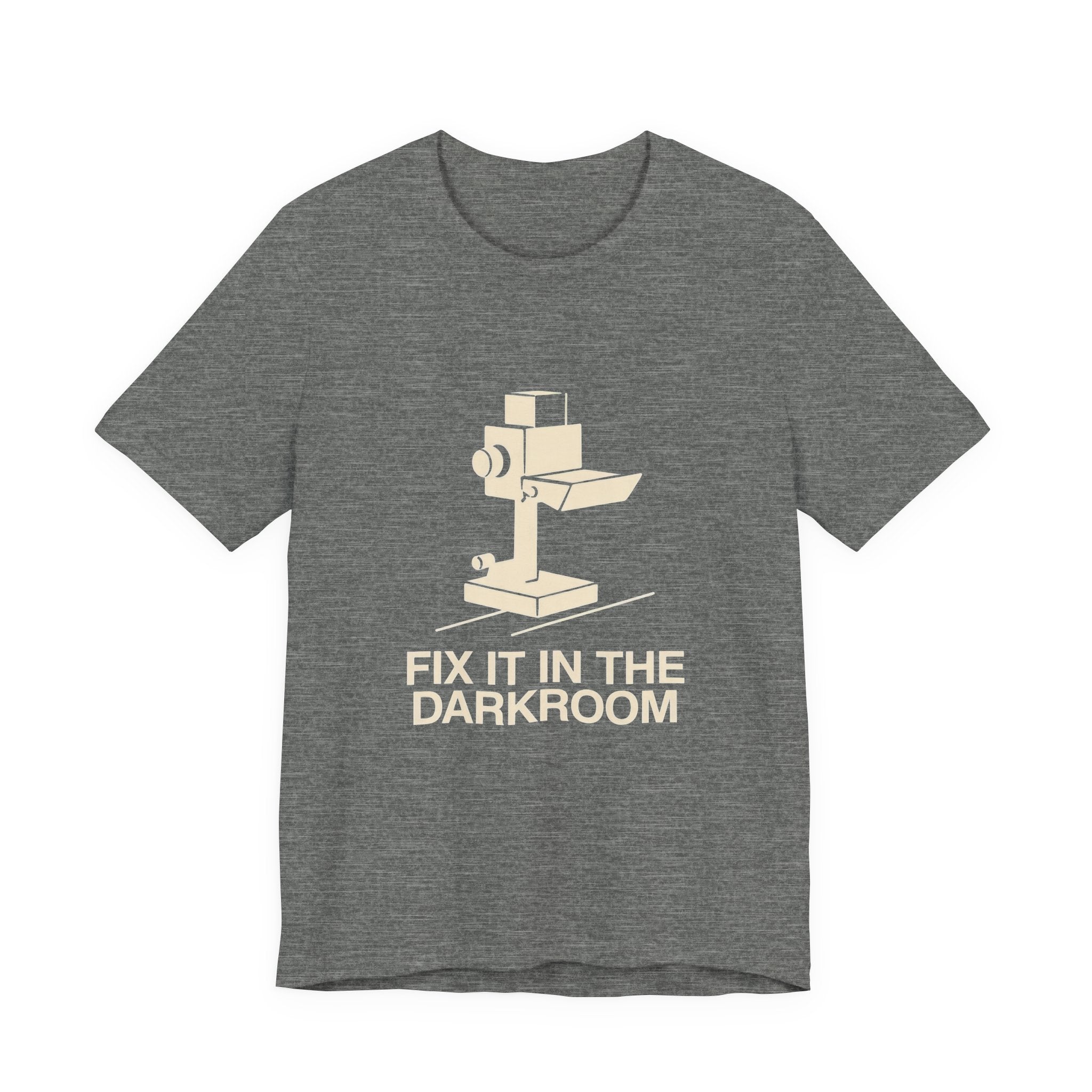 Gray t-shirt with a graphic of a darkroom camera and text 'Fix It In The Darkroom' on a white background