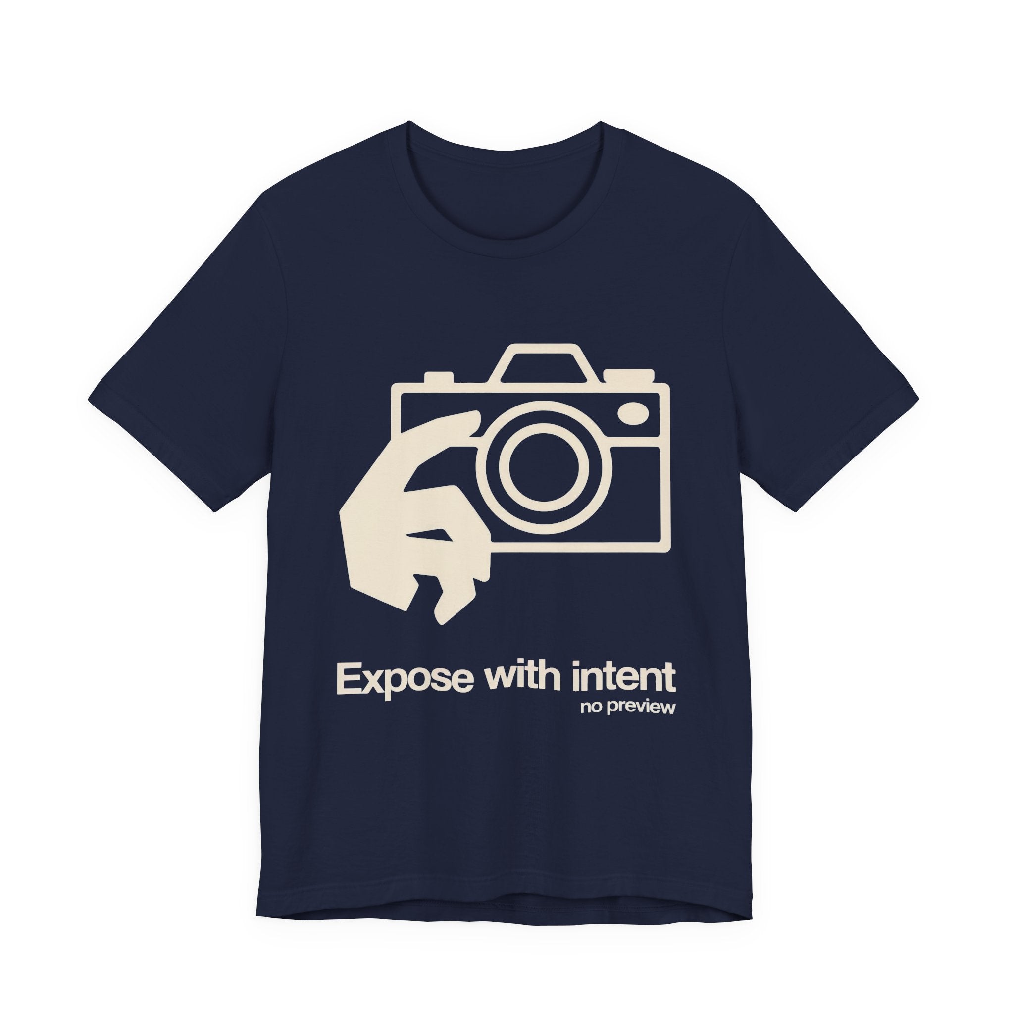 Navy t-shirt with graphic design and 'Expose With Intent' text on a white background
