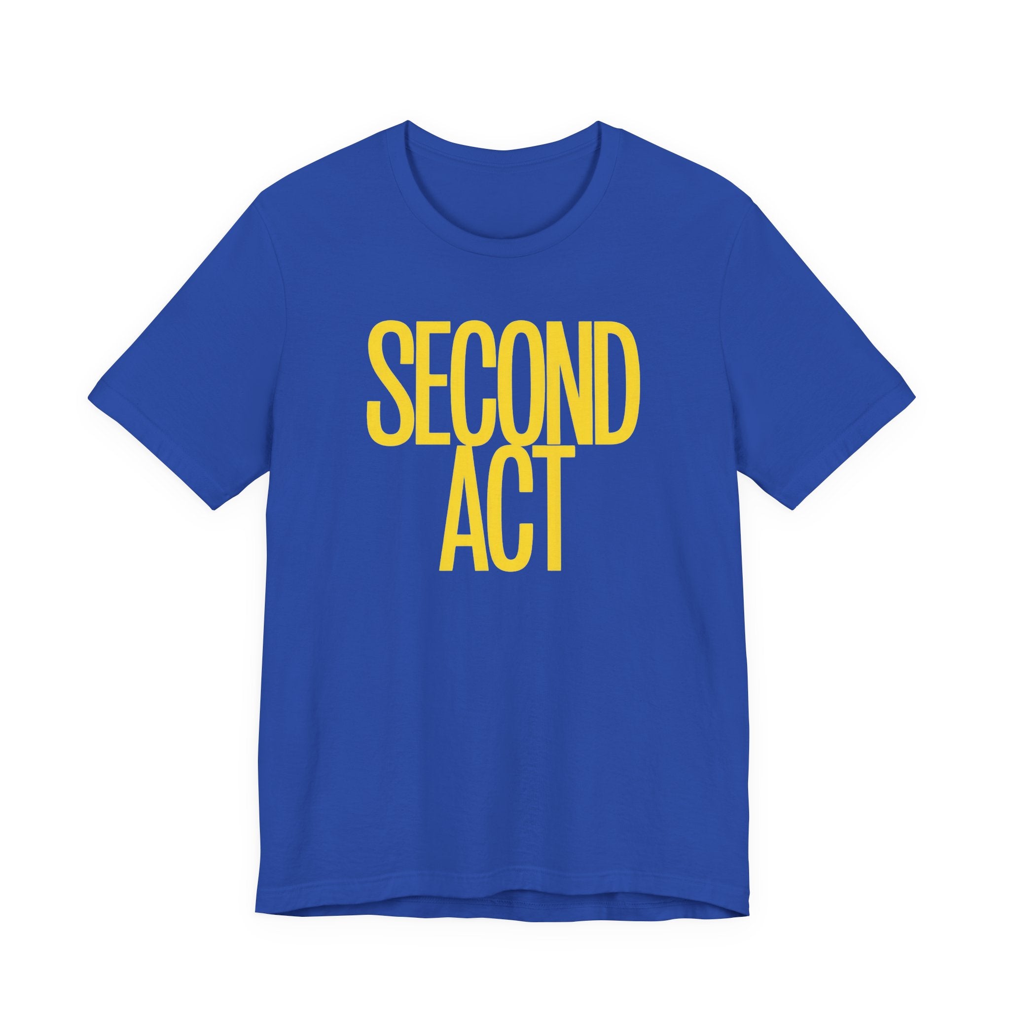 Blue t-shirt with 'SECOND ACT' in yellow on a white background