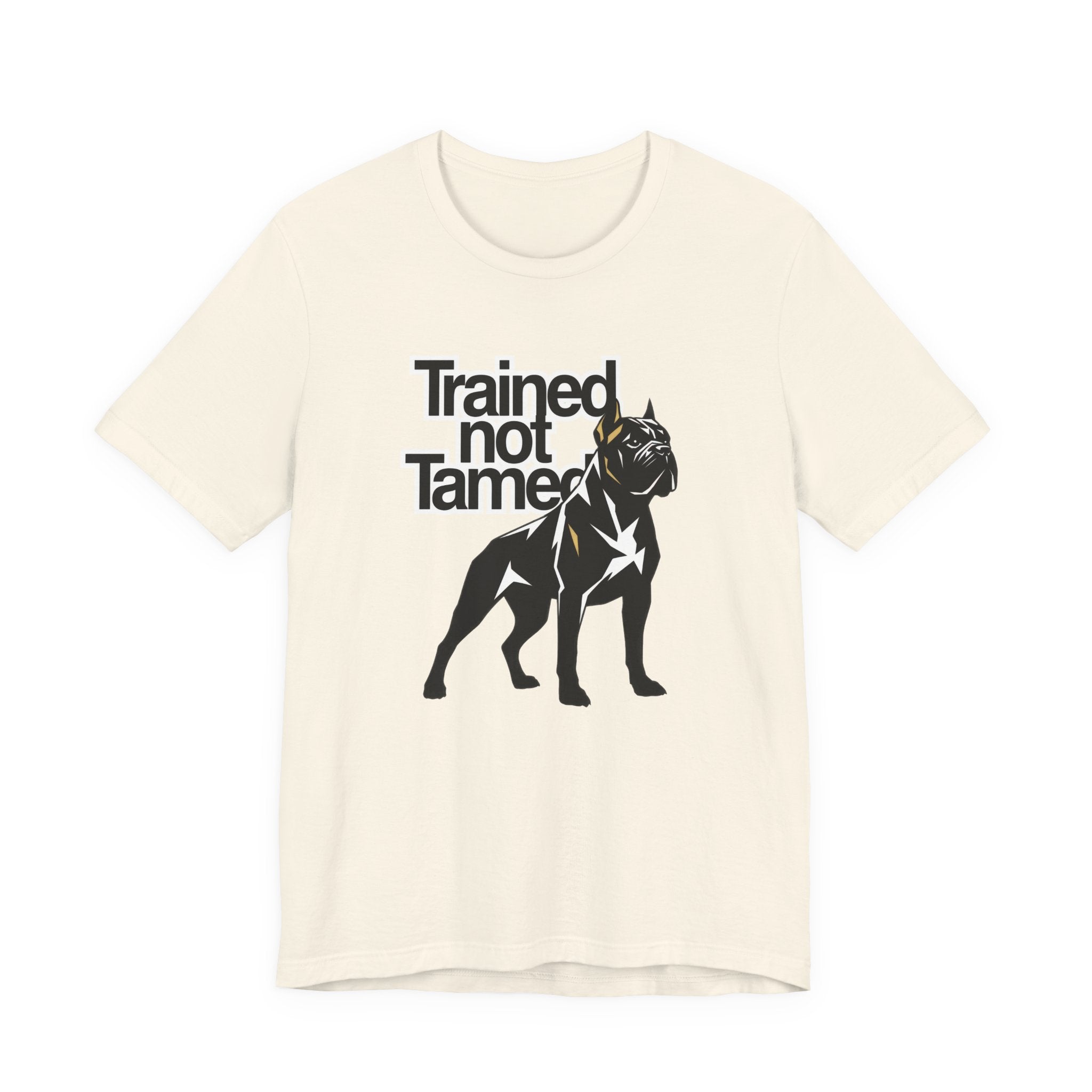 Beige t-shirt with black dog graphic and text 'Trained Not Tame' on a white background